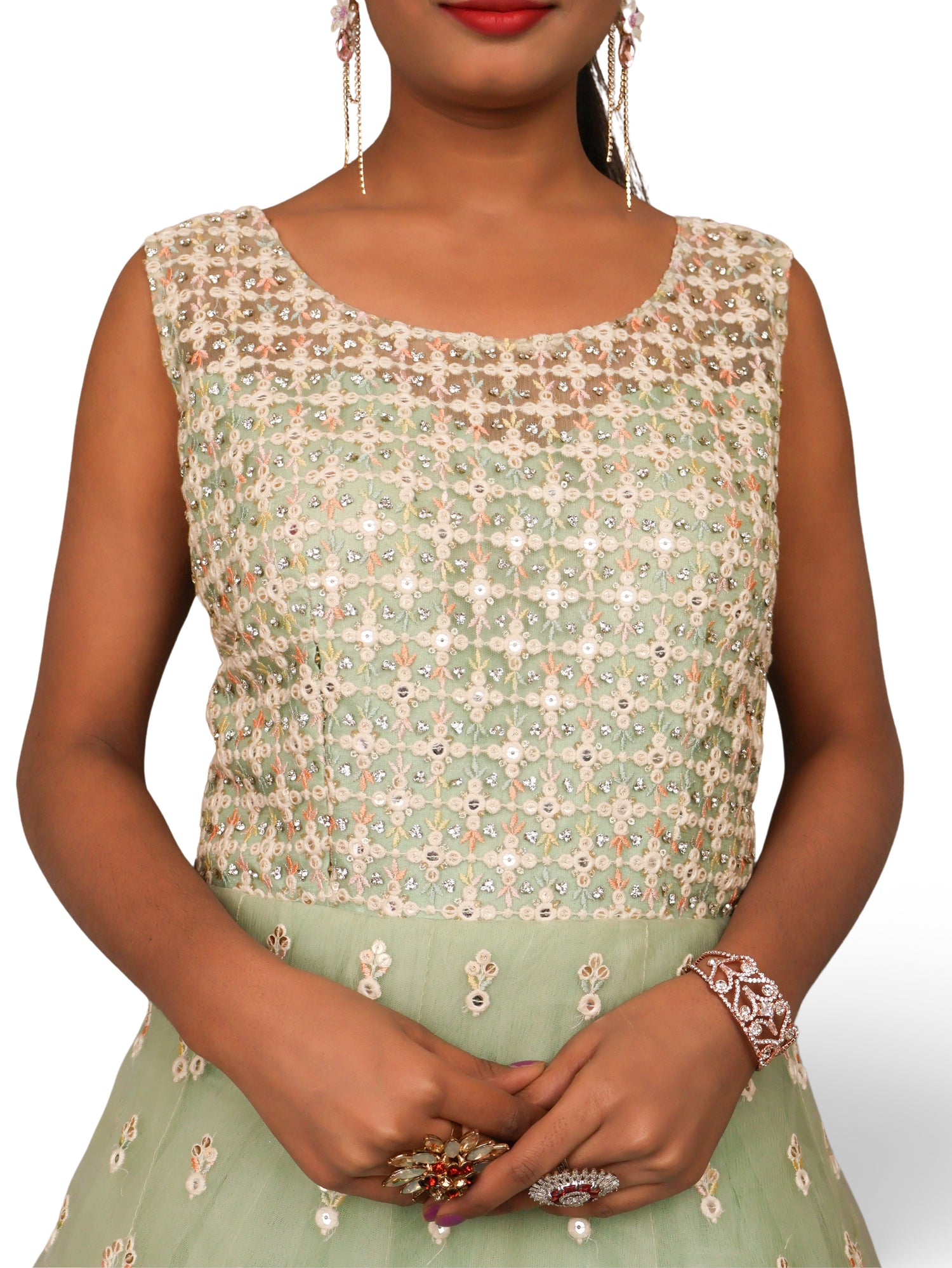 Net Fabric Gown with Sequin & Embroidery Work by Shreekama Pista Green Designer Gowns for Party Festival Wedding Occasion in Noida