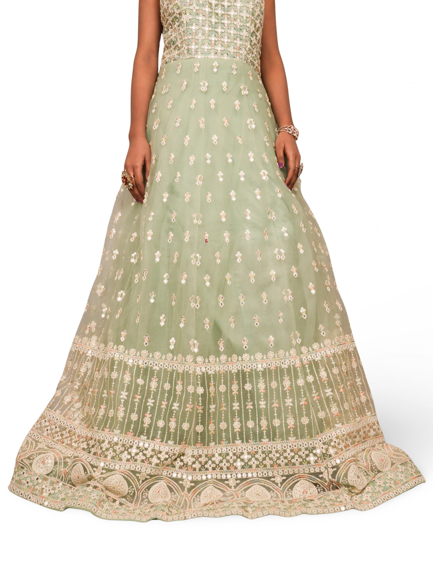 Net Fabric Gown with Sequin & Embroidery Work by Shreekama Pista Green Designer Gowns for Party Festival Wedding Occasion in Noida