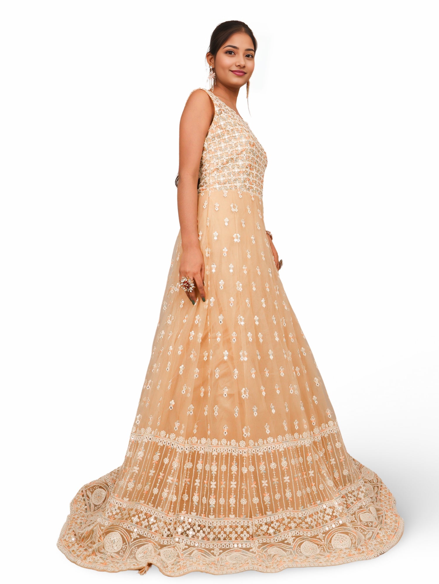 Net Fabric Gown with Sequin & Embroidery Work by Shreekama Beige Designer Gowns for Party Festival Wedding Occasion in Noida