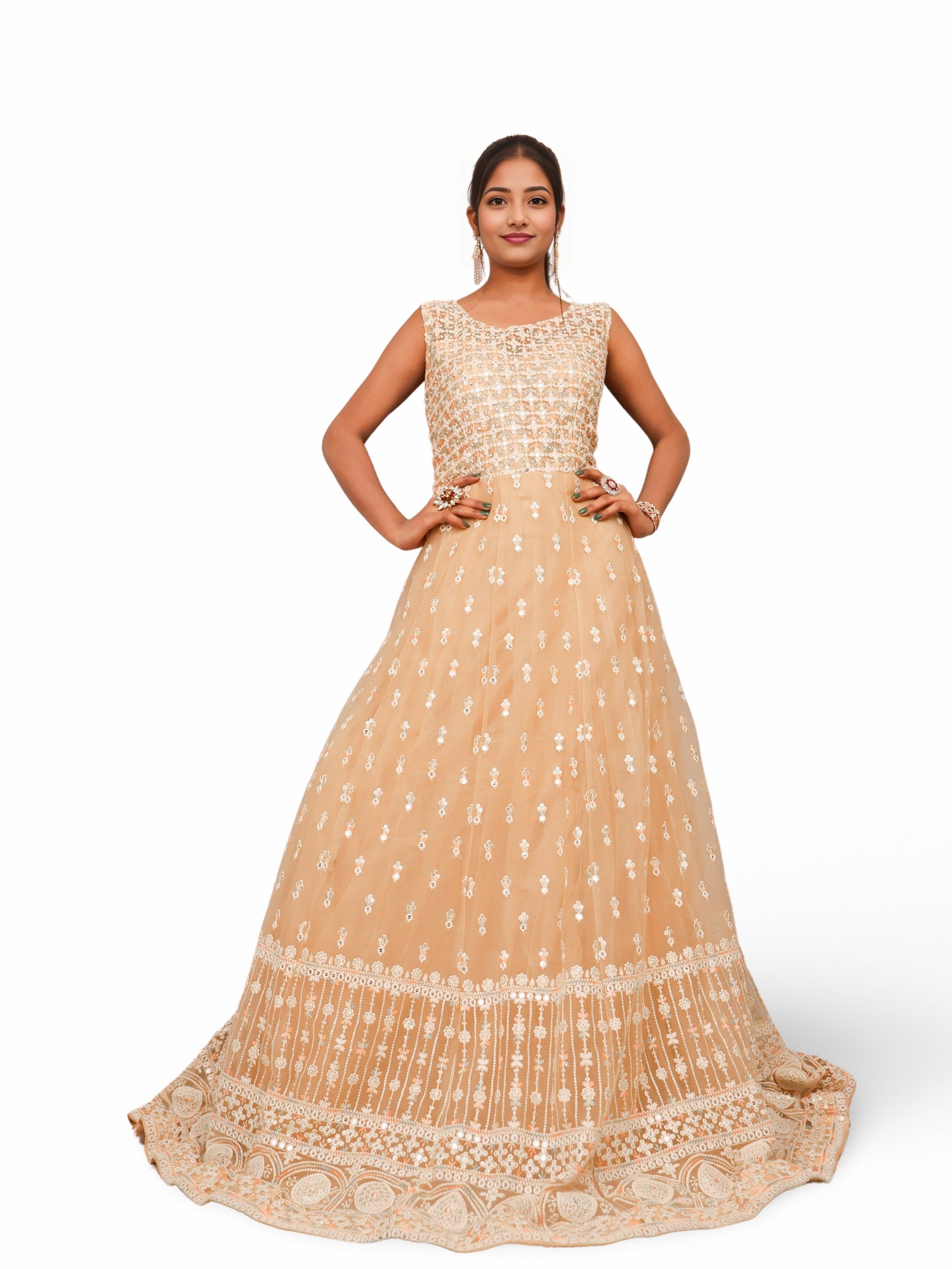 Net Fabric Gown with Sequin & Embroidery Work by Shreekama Beige Designer Gowns for Party Festival Wedding Occasion in Noida