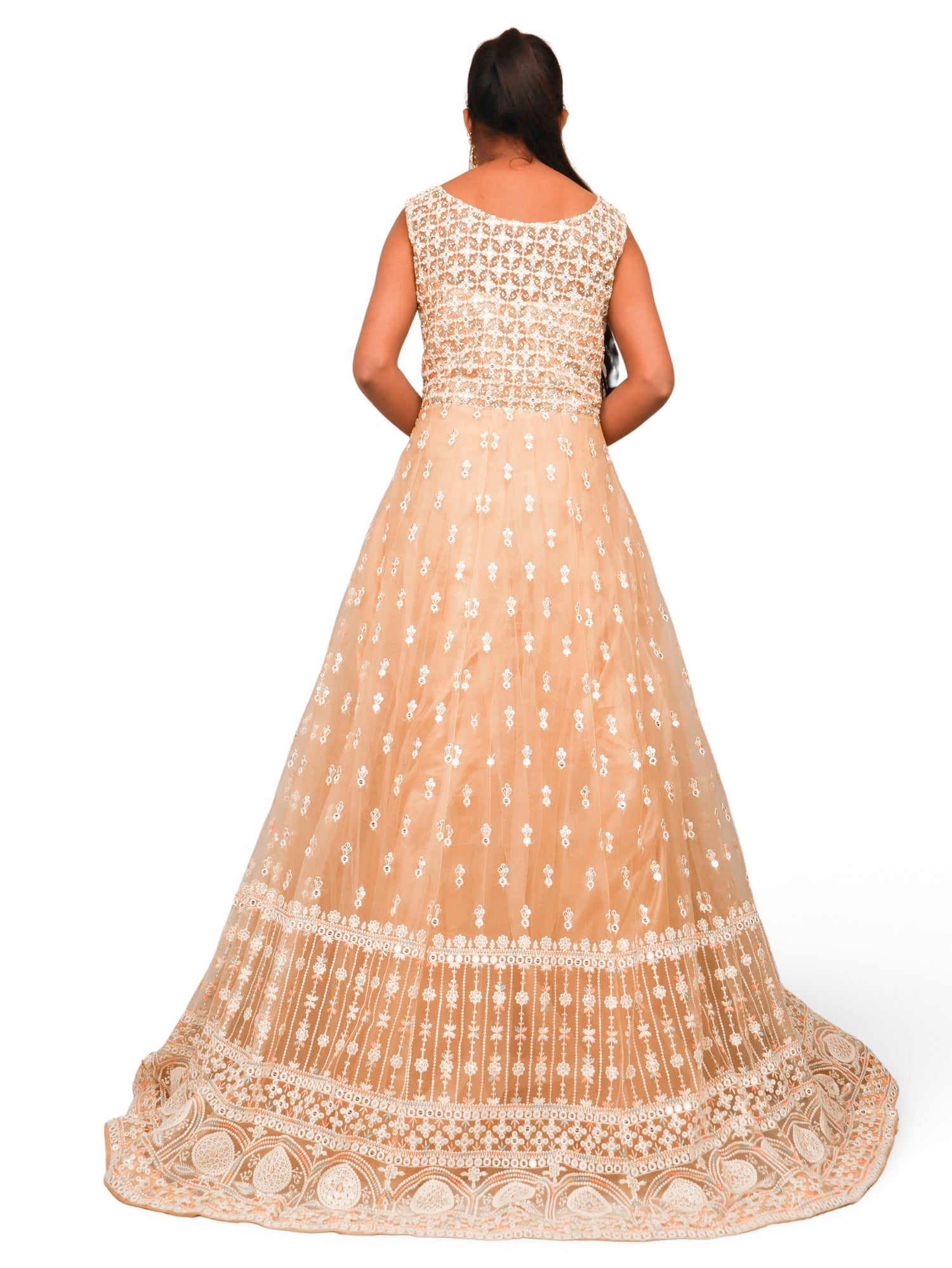 Net Fabric Gown with Sequin & Embroidery Work by Shreekama Beige Designer Gowns for Party Festival Wedding Occasion in Noida