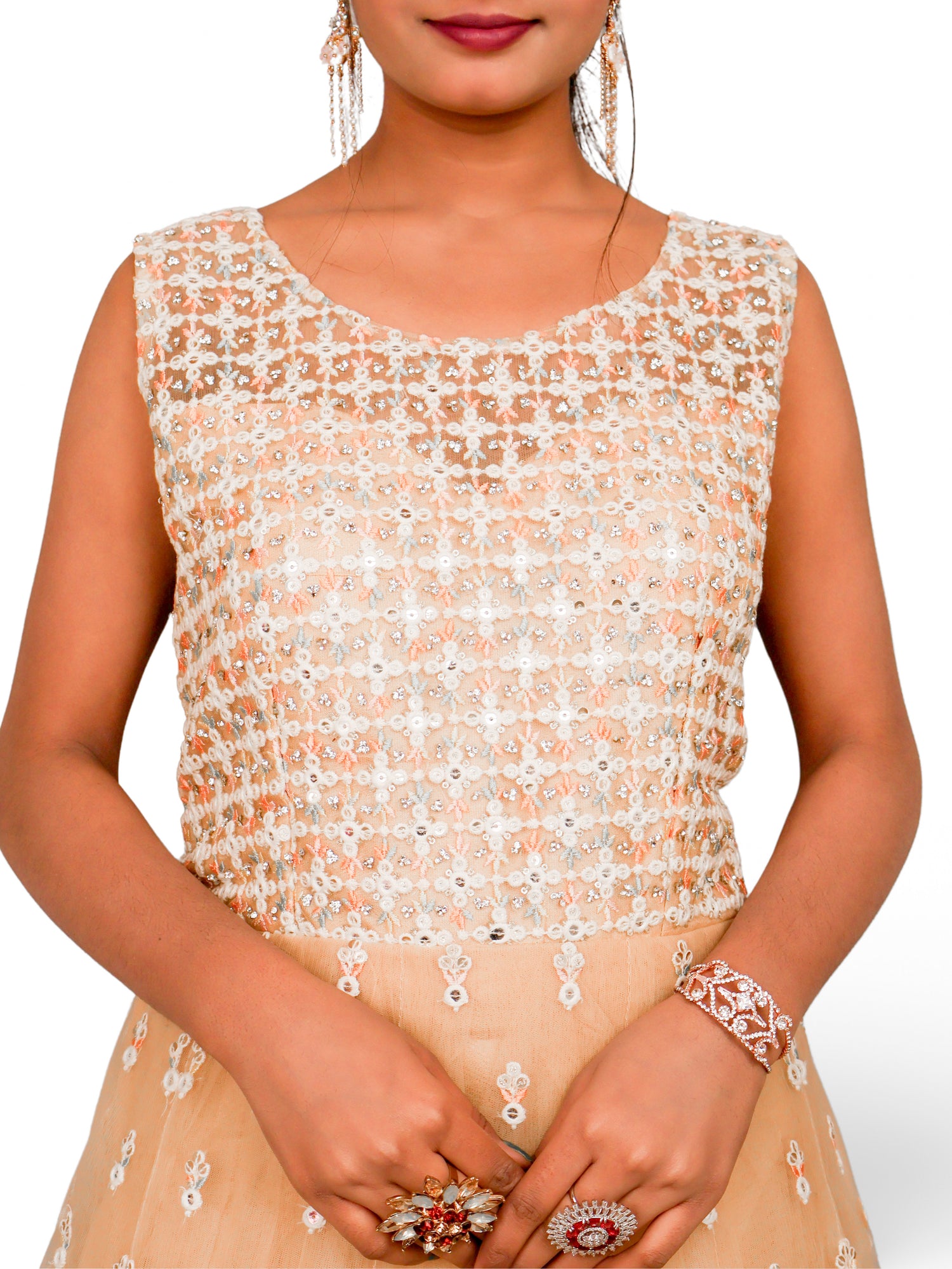 Net Fabric Gown with Sequin & Embroidery Work by Shreekama Beige Designer Gowns for Party Festival Wedding Occasion in Noida