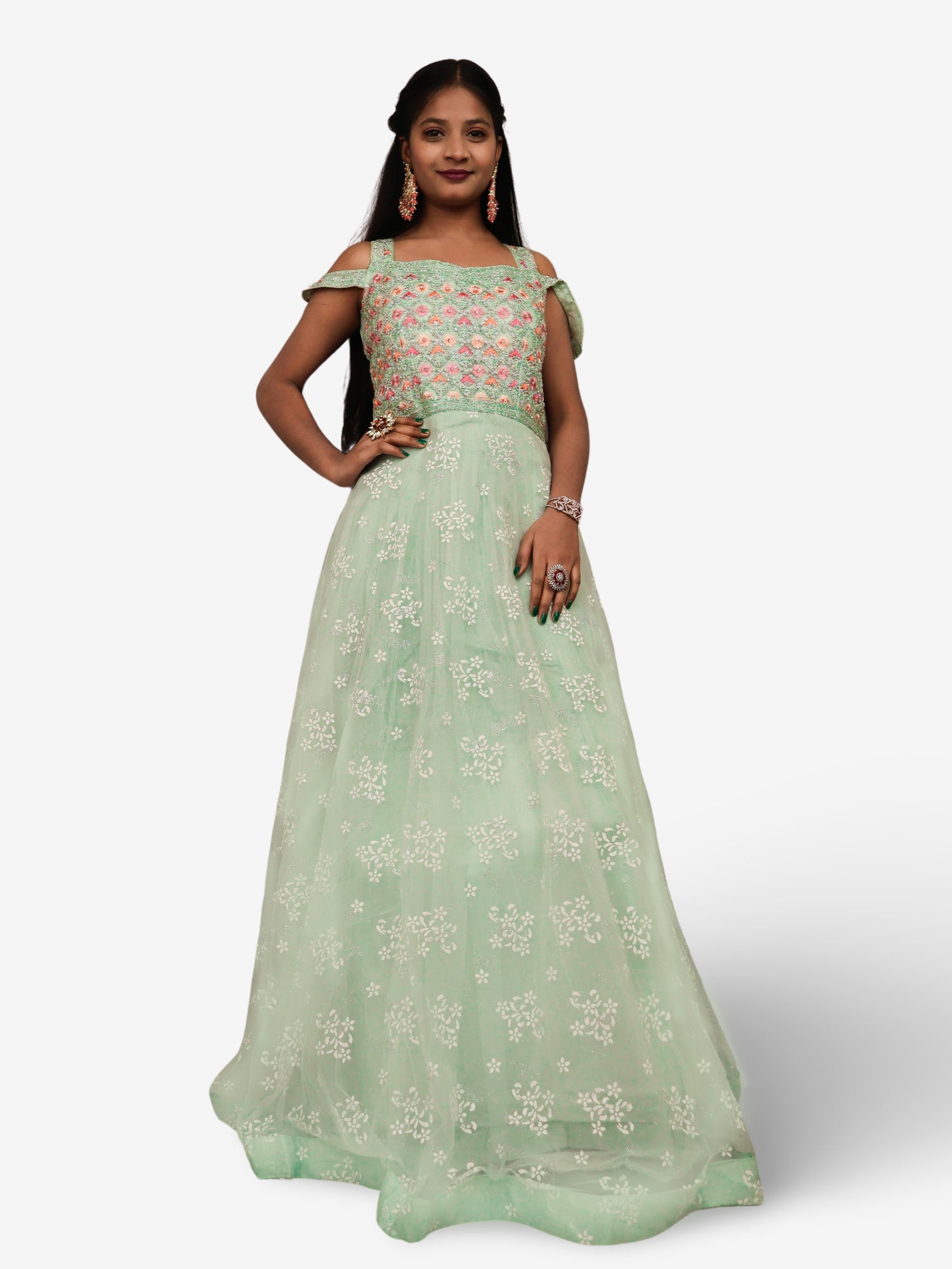 Gown with Stone Work & Embroidery by Shreekama Pista Green Designer Gowns for Party Festival Wedding Occasion in Noida