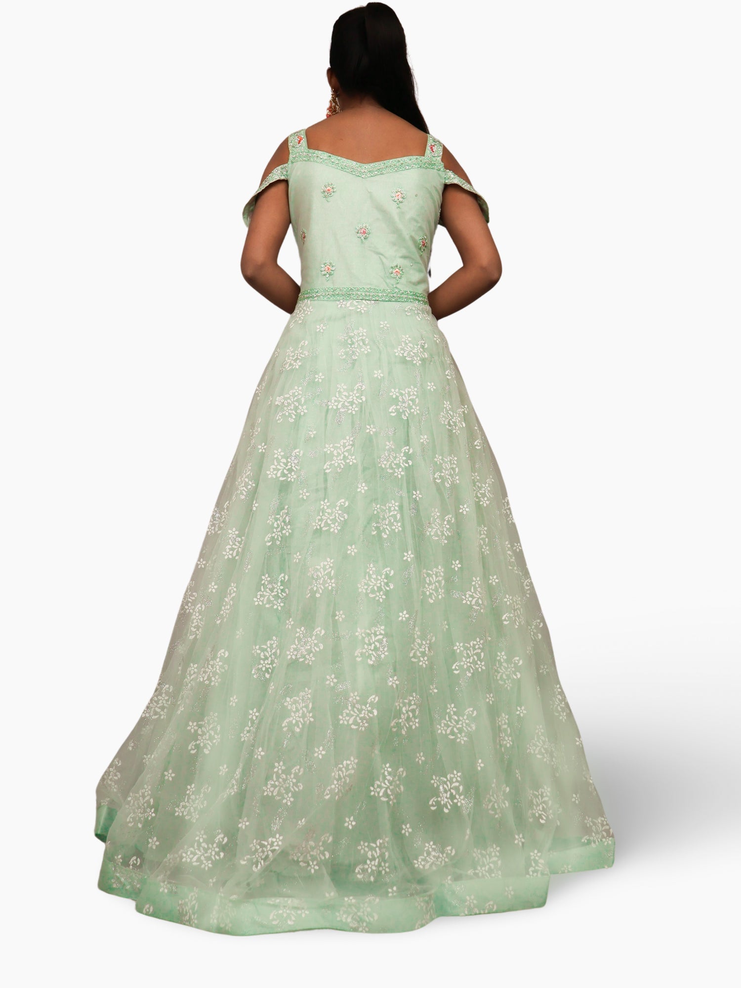 Gown with Stone Work & Embroidery by Shreekama Pista Green Designer Gowns for Party Festival Wedding Occasion in Noida