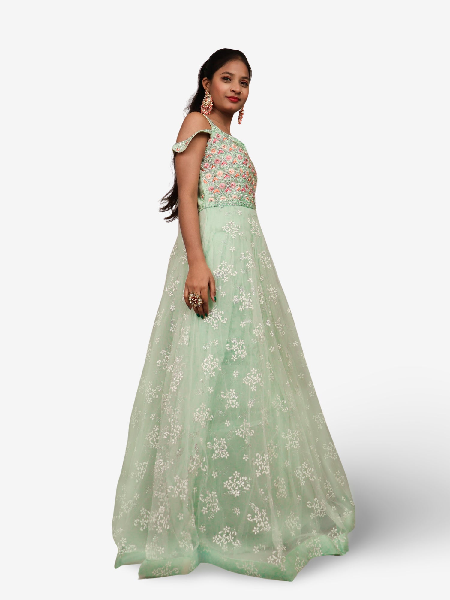 Gown with Stone Work & Embroidery by Shreekama Pista Green Designer Gowns for Party Festival Wedding Occasion in Noida