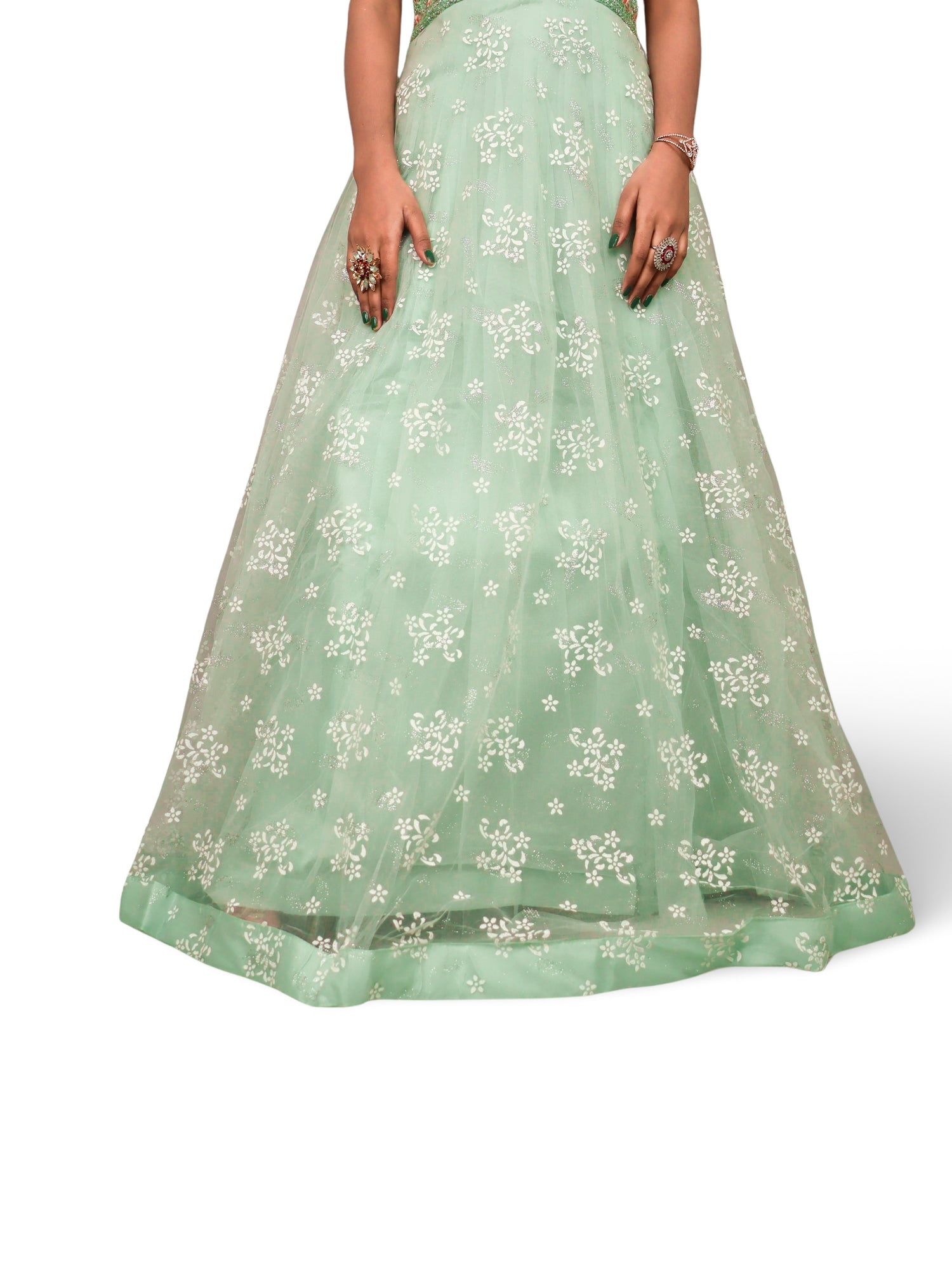 Gown with Stone Work & Embroidery by Shreekama Pista Green Designer Gowns for Party Festival Wedding Occasion in Noida