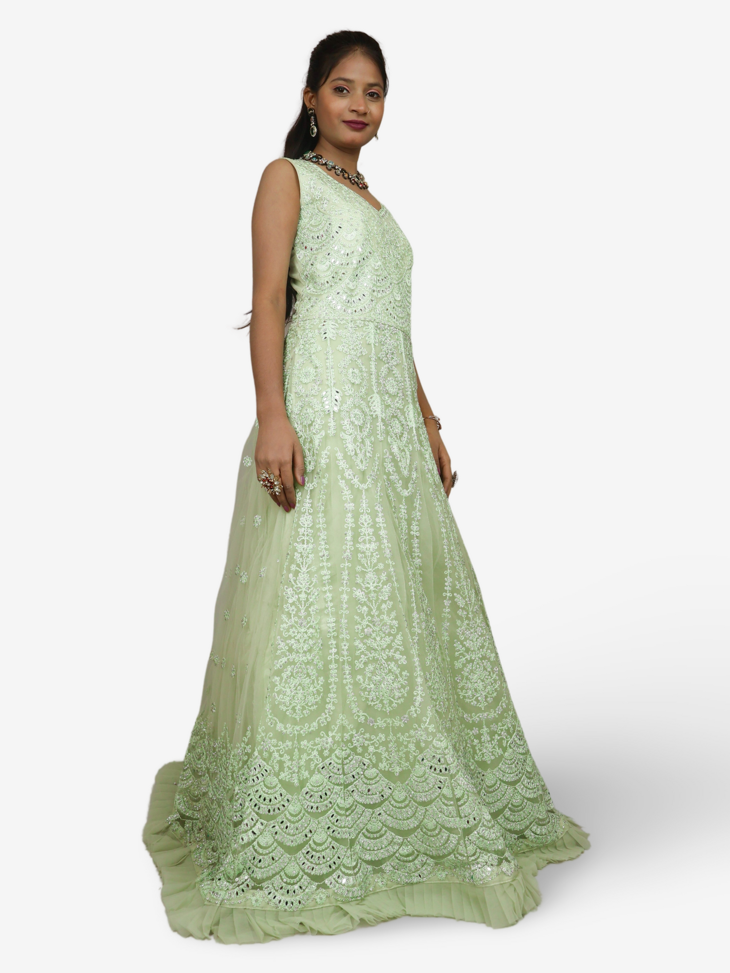 Gown with Thread Work & Stones by Shreekama Pista Green Designer Gowns for Party Festival Wedding Occasion in Noida
