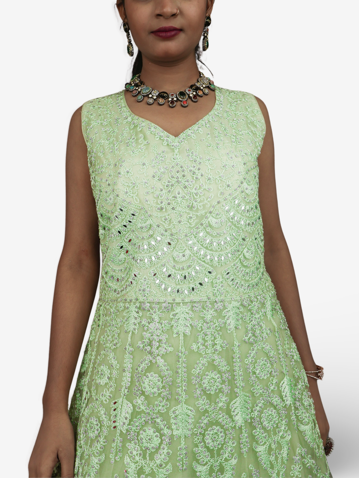 Gown with Thread Work & Stones by Shreekama Pista Green Designer Gowns for Party Festival Wedding Occasion in Noida