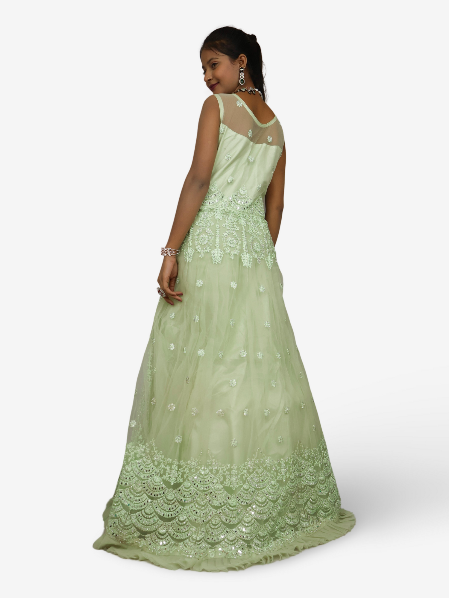 Gown with Thread Work & Stones by Shreekama Pista Green Designer Gowns for Party Festival Wedding Occasion in Noida