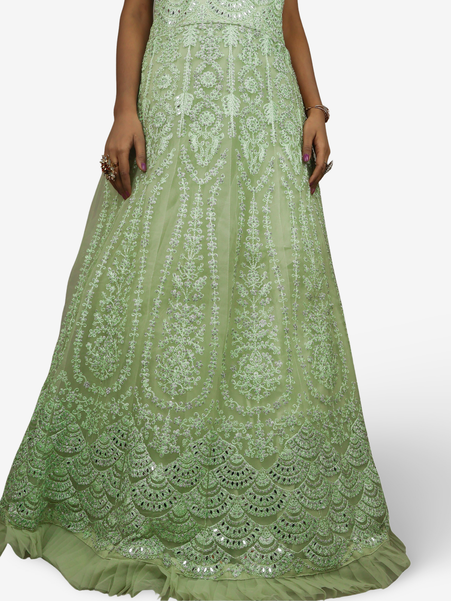 Gown with Thread Work & Stones by Shreekama Pista Green Designer Gowns for Party Festival Wedding Occasion in Noida