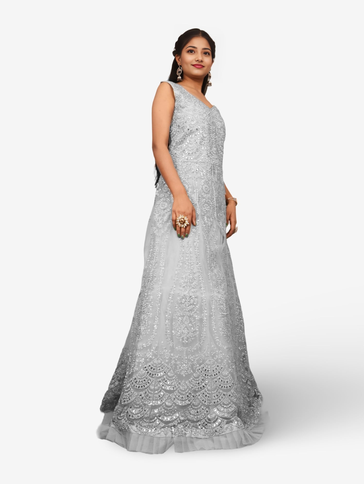 Gown with Thread Work & Stones by Shreekama Grey Designer Gowns for Party Festival Wedding Occasion in Noida