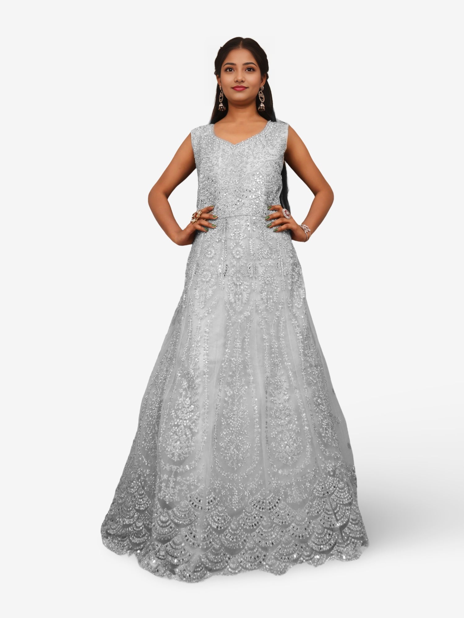 Gown with Thread Work & Stones by Shreekama Grey Designer Gowns for Party Festival Wedding Occasion in Noida