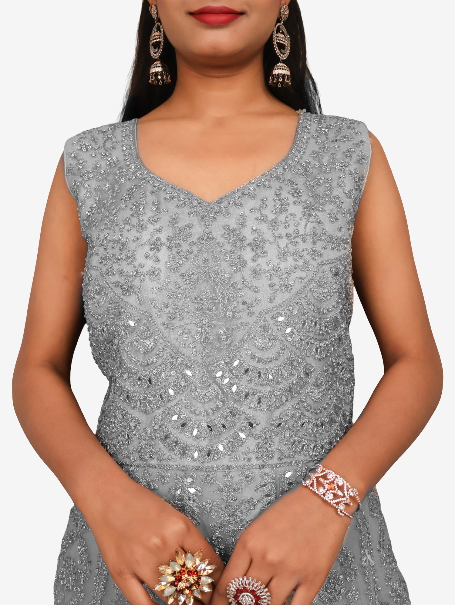 Gown with Thread Work & Stones by Shreekama Grey Designer Gowns for Party Festival Wedding Occasion in Noida