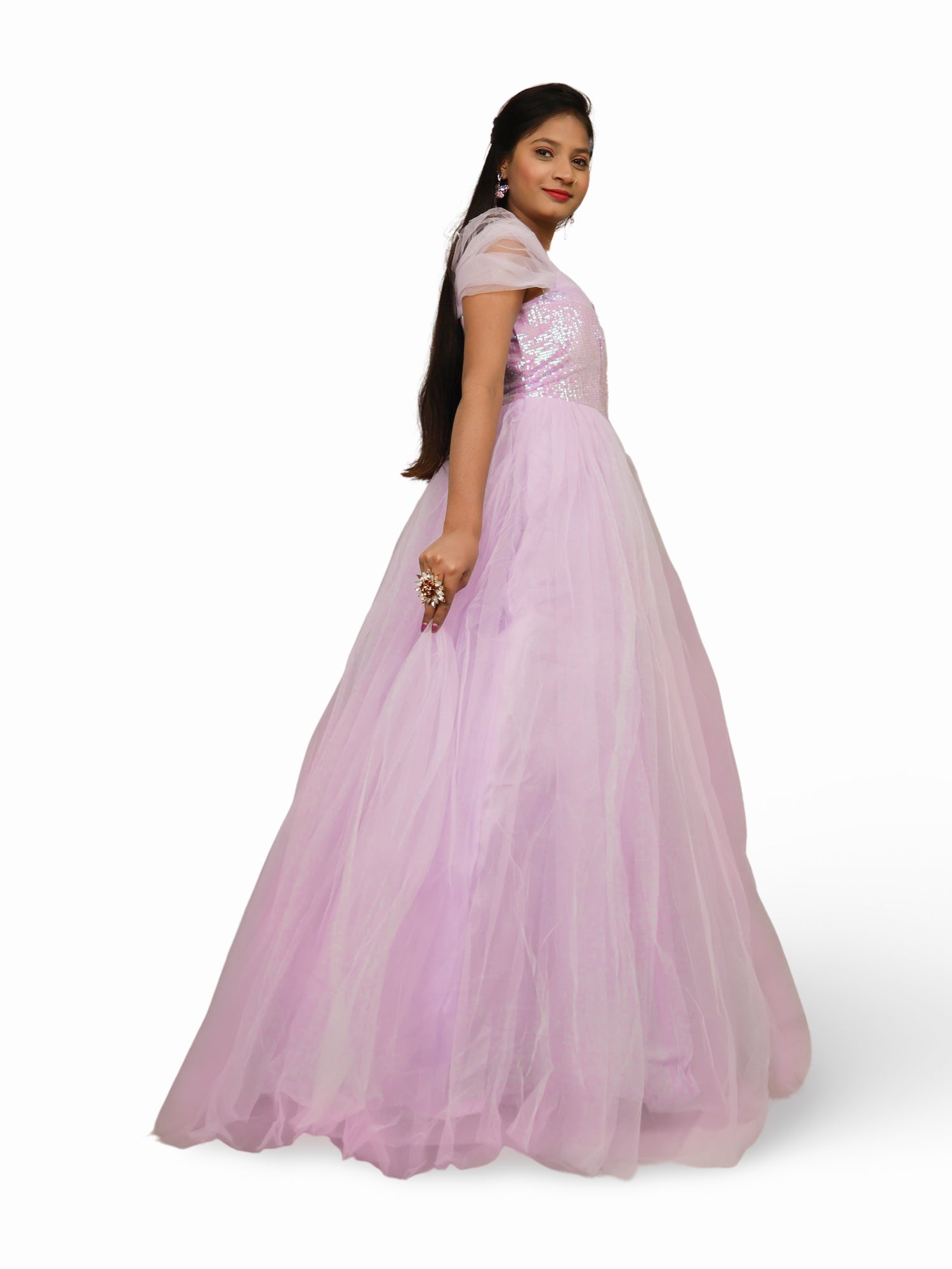 Net Fabric Gown with Sequin & Beads work by Shreekama Lavender Designer Gowns for Party Festival Wedding Occasion in Noida