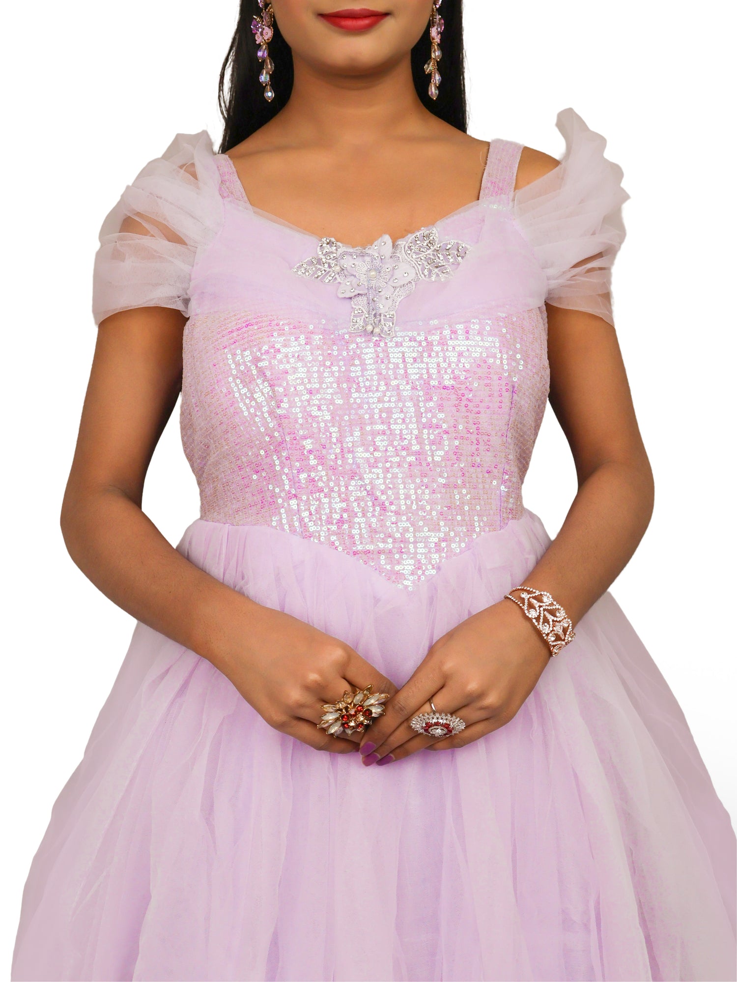 Net Fabric Gown with Sequin & Beads work by Shreekama Lavender Designer Gowns for Party Festival Wedding Occasion in Noida