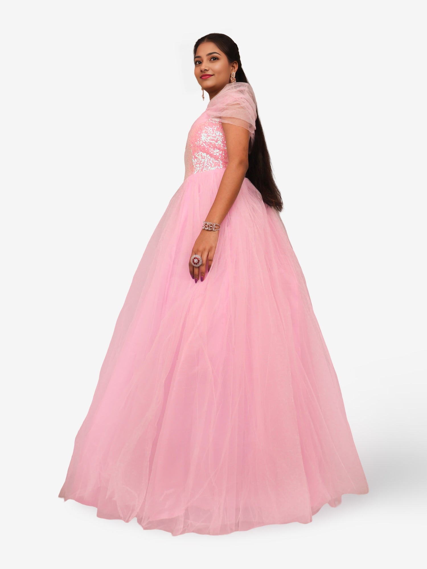 Net Fabric Gown with Sequin & Beads work by Shreekama Pink Designer Gowns for Party Festival Wedding Occasion in Noida