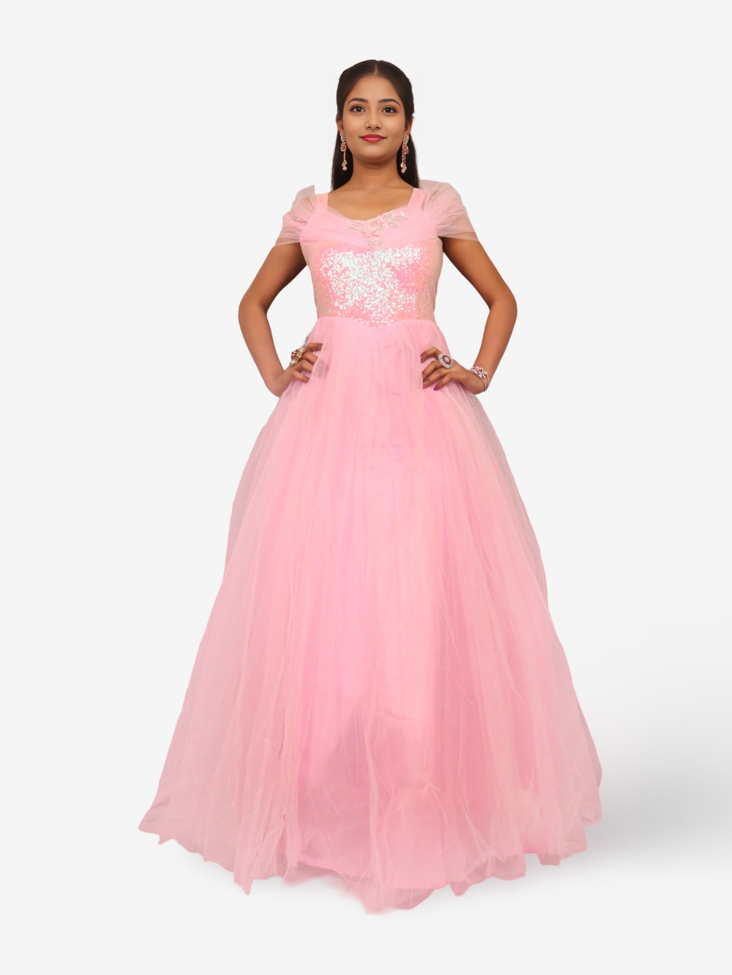 Net Fabric Gown with Sequin & Beads work by Shreekama Pink Designer Gowns for Party Festival Wedding Occasion in Noida