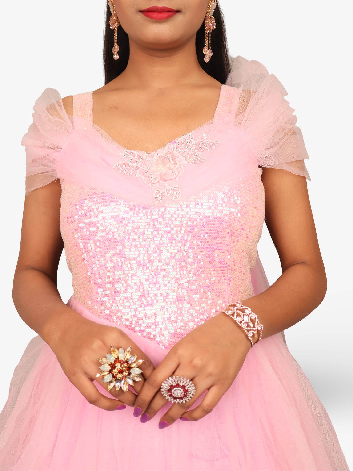 Net Fabric Gown with Sequin & Beads work by Shreekama Pink Designer Gowns for Party Festival Wedding Occasion in Noida