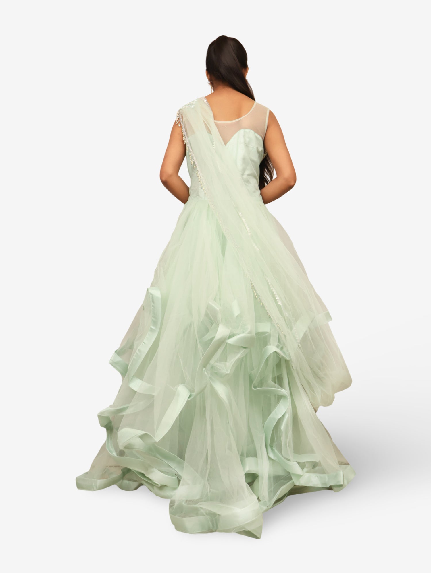 Gown with Stone & Beads Work by Shreekama Pista Green Designer Gowns for Party Festival Wedding Occasion in Noida