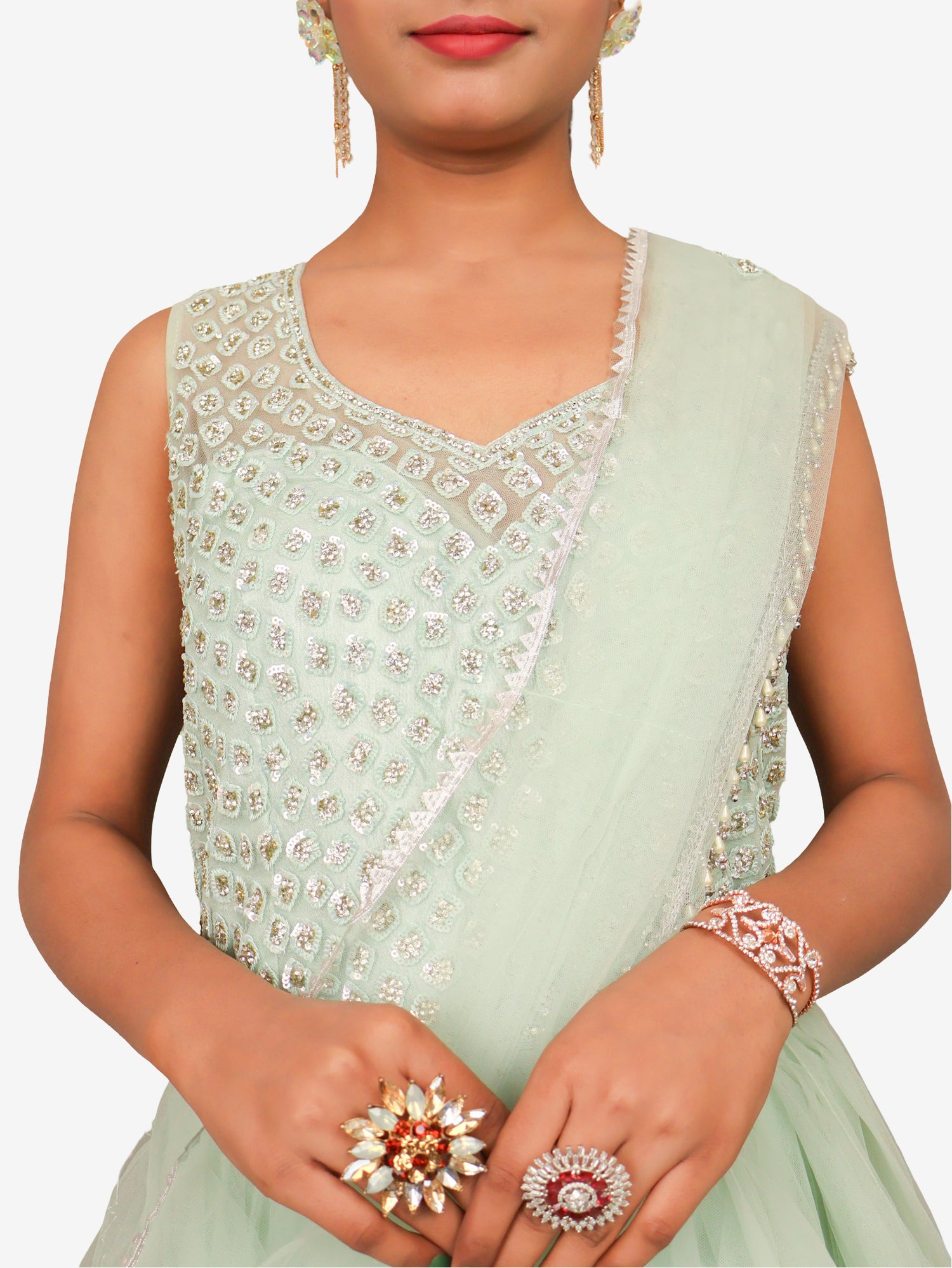 Gown with Stone & Beads Work by Shreekama Pista Green Designer Gowns for Party Festival Wedding Occasion in Noida