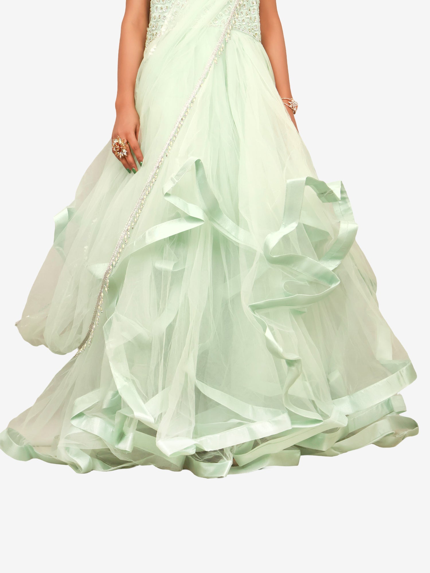 Gown with Stone & Beads Work by Shreekama Pista Green Designer Gowns for Party Festival Wedding Occasion in Noida