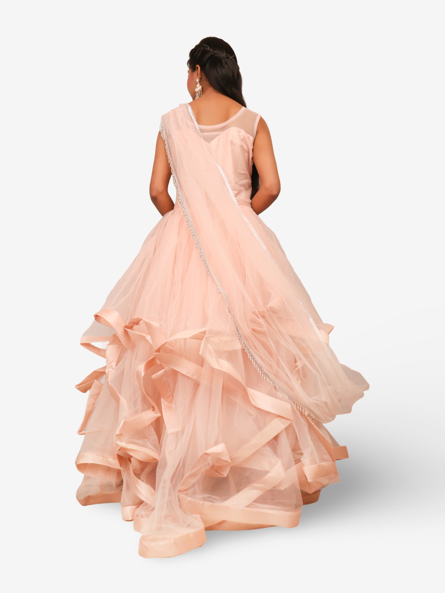 Gown with Stone & Beads Work by Shreekama Peach Designer Gowns for Party Festival Wedding Occasion in Noida