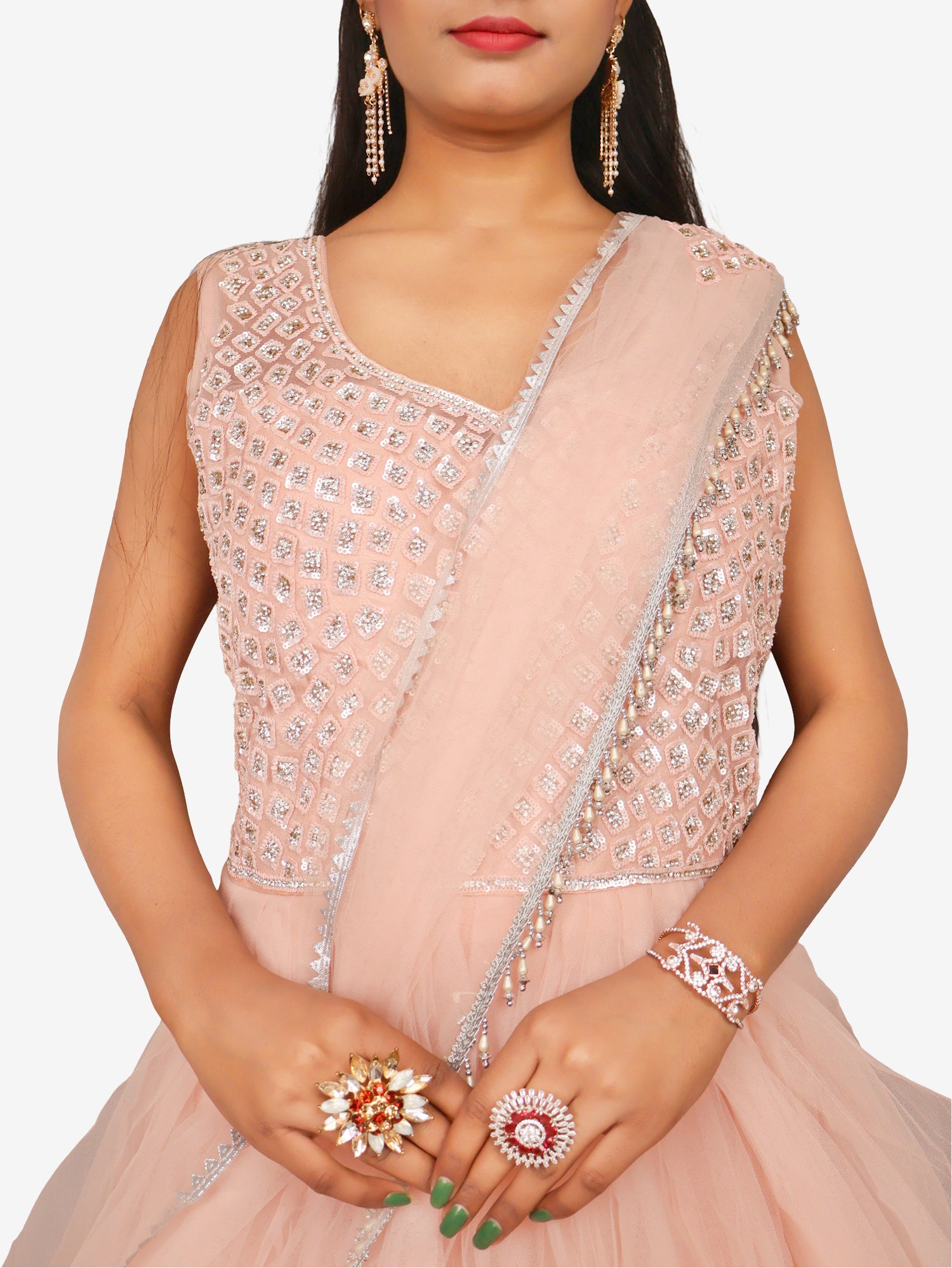 Gown with Stone & Beads Work by Shreekama Peach Designer Gowns for Party Festival Wedding Occasion in Noida