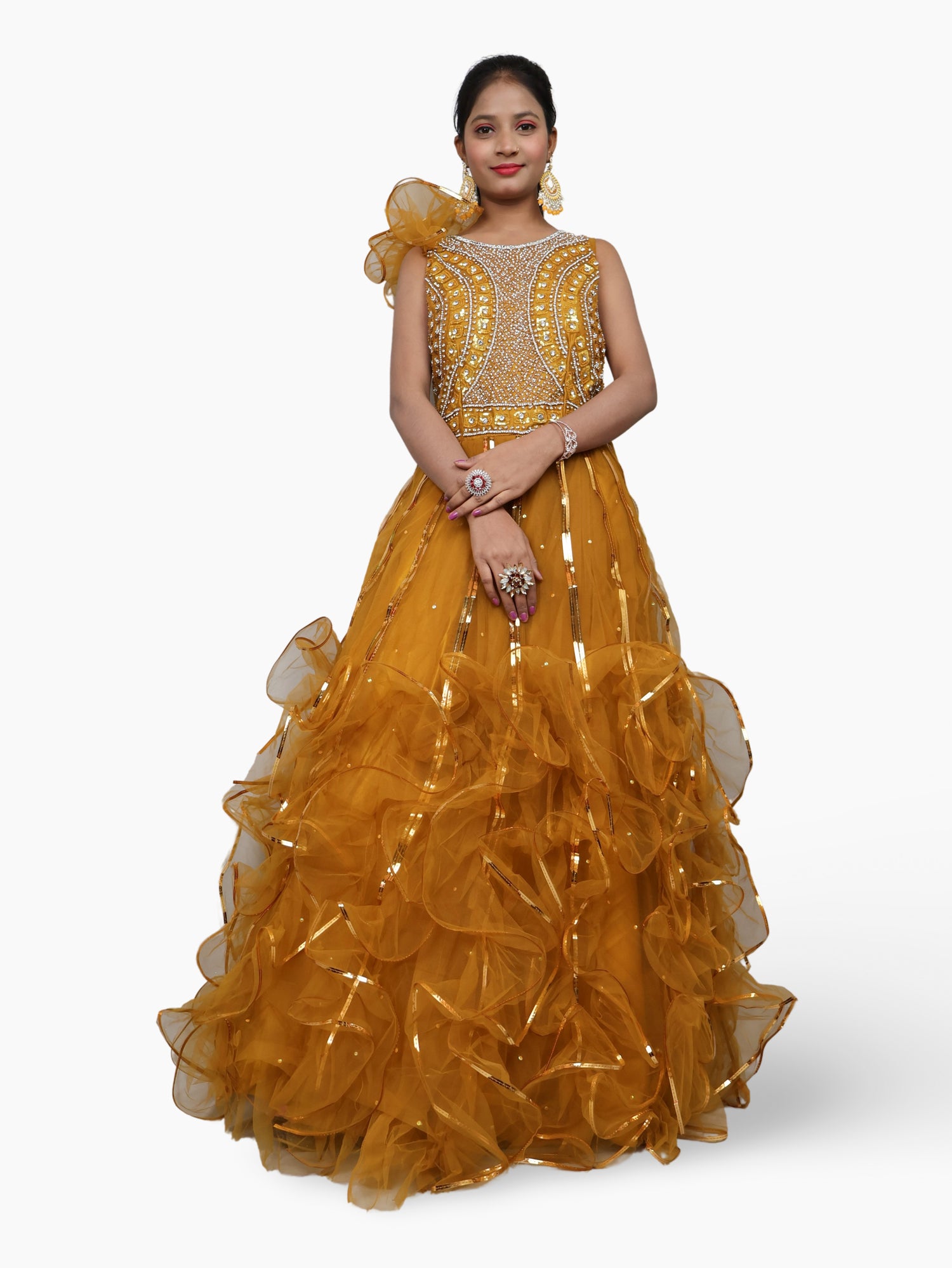 Gown with Cut Dana & Sequin Work by Shreekama Mustard Yellow Designer Gowns for Party Festival Wedding Occasion in Noida