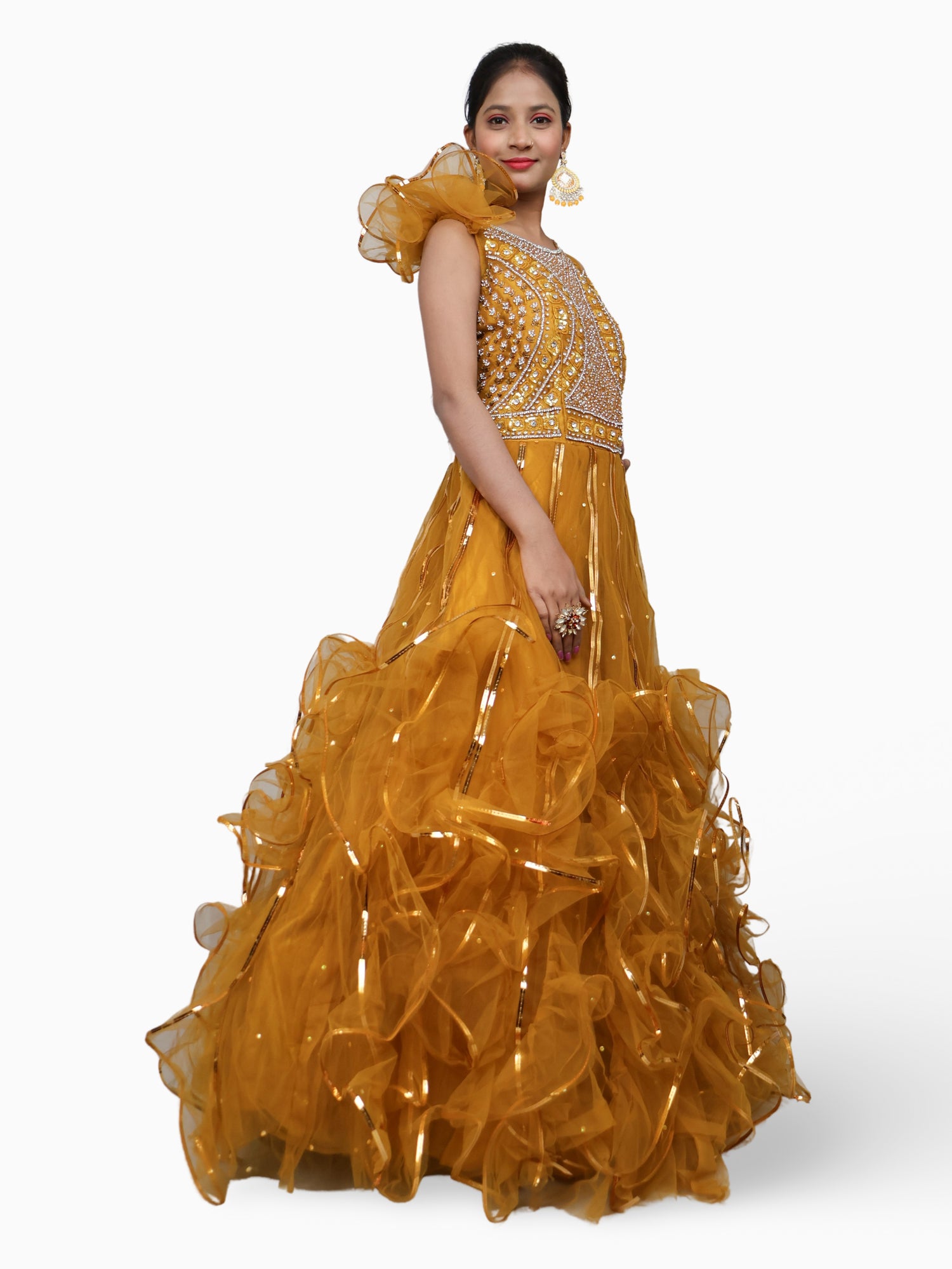 Gown with Cut Dana & Sequin Work by Shreekama Mustard Yellow Designer Gowns for Party Festival Wedding Occasion in Noida