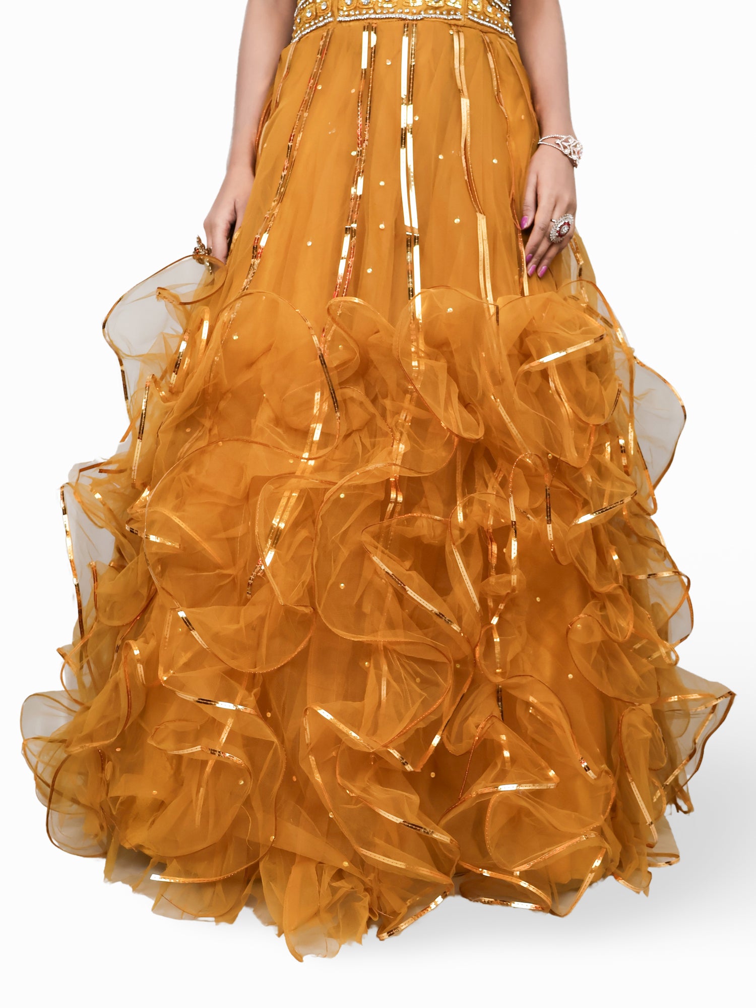 Gown with Cut Dana & Sequin Work by Shreekama Mustard Yellow Designer Gowns for Party Festival Wedding Occasion in Noida