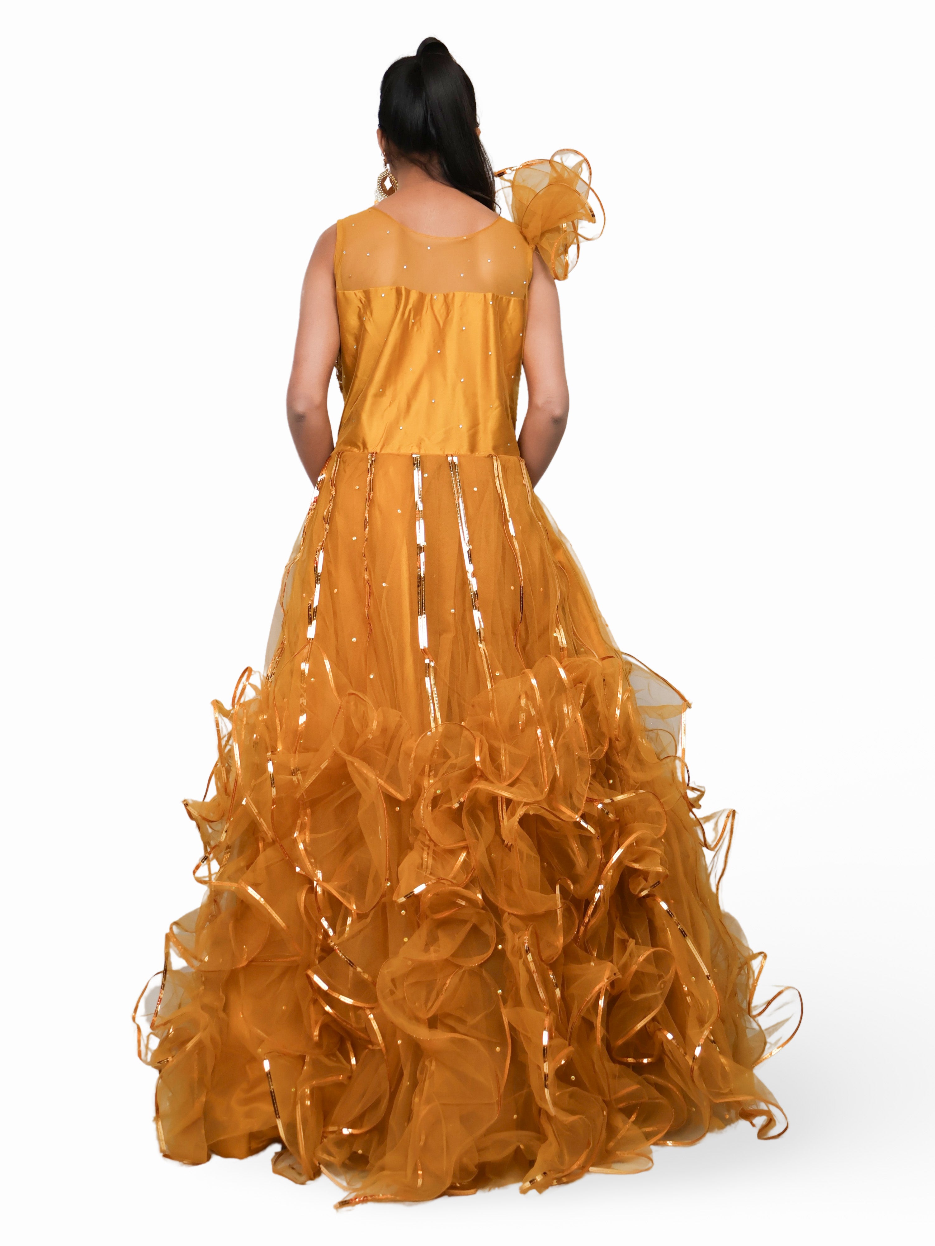 Gown with Cut Dana & Sequin Work by Shreekama Mustard Yellow Designer Gowns for Party Festival Wedding Occasion in Noida
