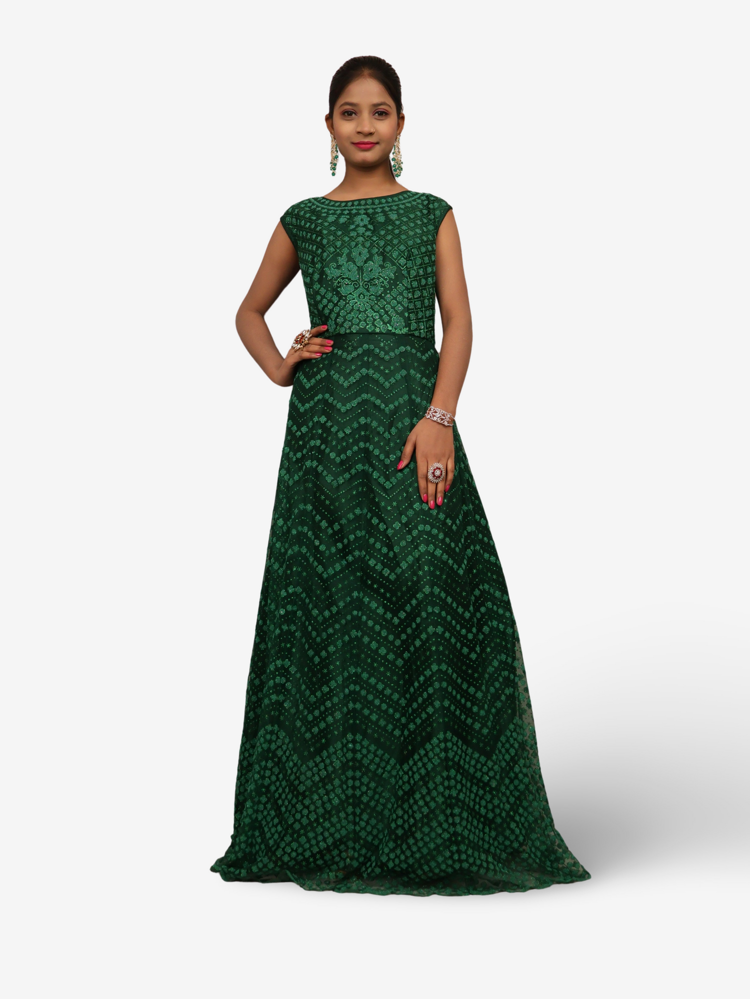 Gown with Glitter & Shimmery effect for Women by Shreekama Dark Green Designer Gowns for Party Festival Wedding Occasion in Noida