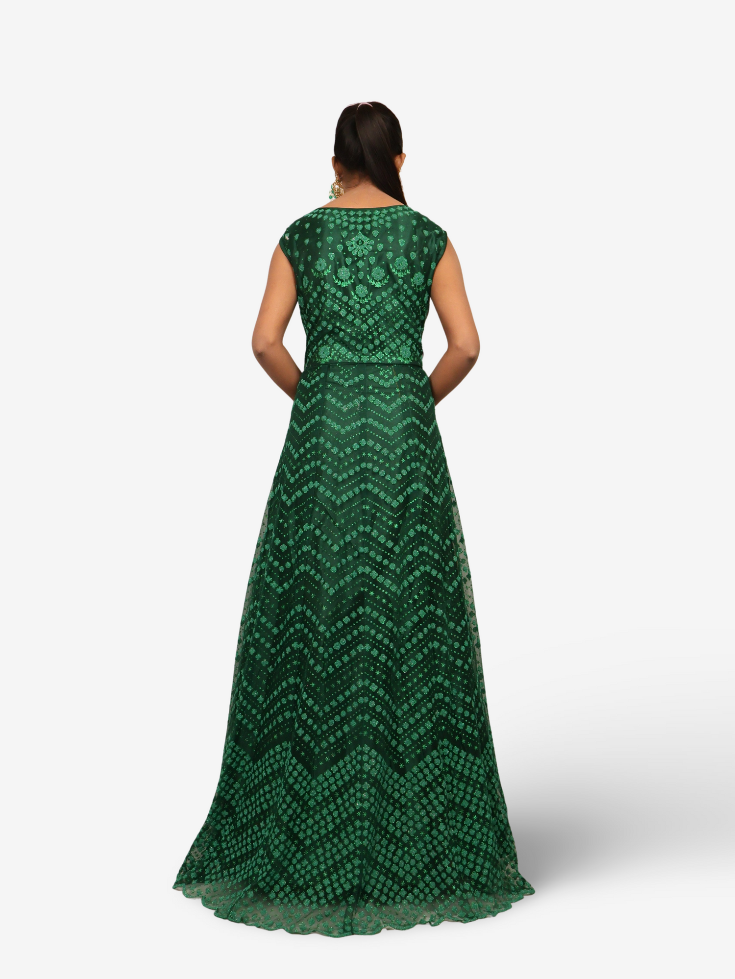 Gown with Glitter & Shimmery effect for Women by Shreekama Dark Green Designer Gowns for Party Festival Wedding Occasion in Noida