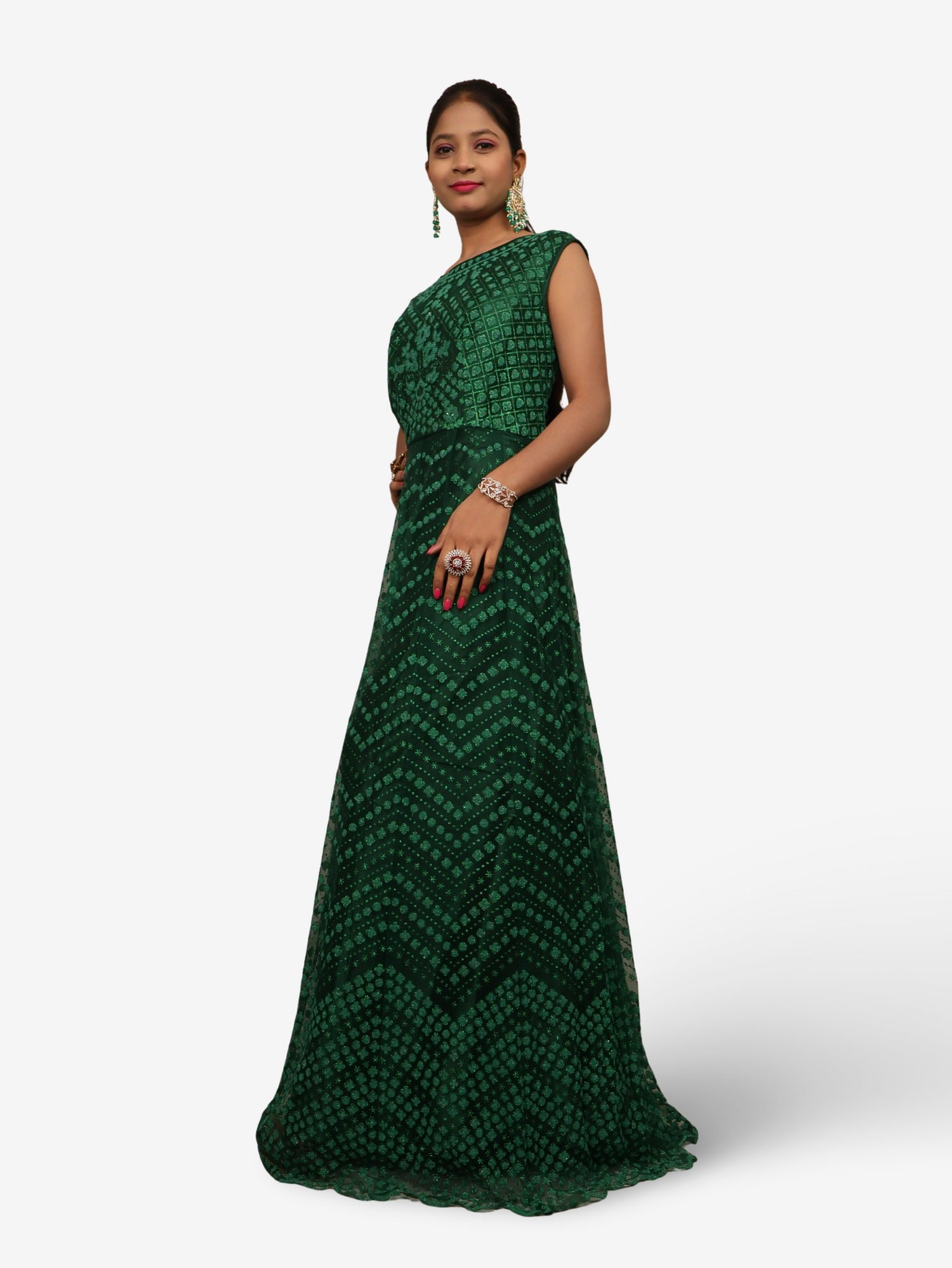 Gown with Glitter & Shimmery effect for Women by Shreekama Dark Green Designer Gowns for Party Festival Wedding Occasion in Noida