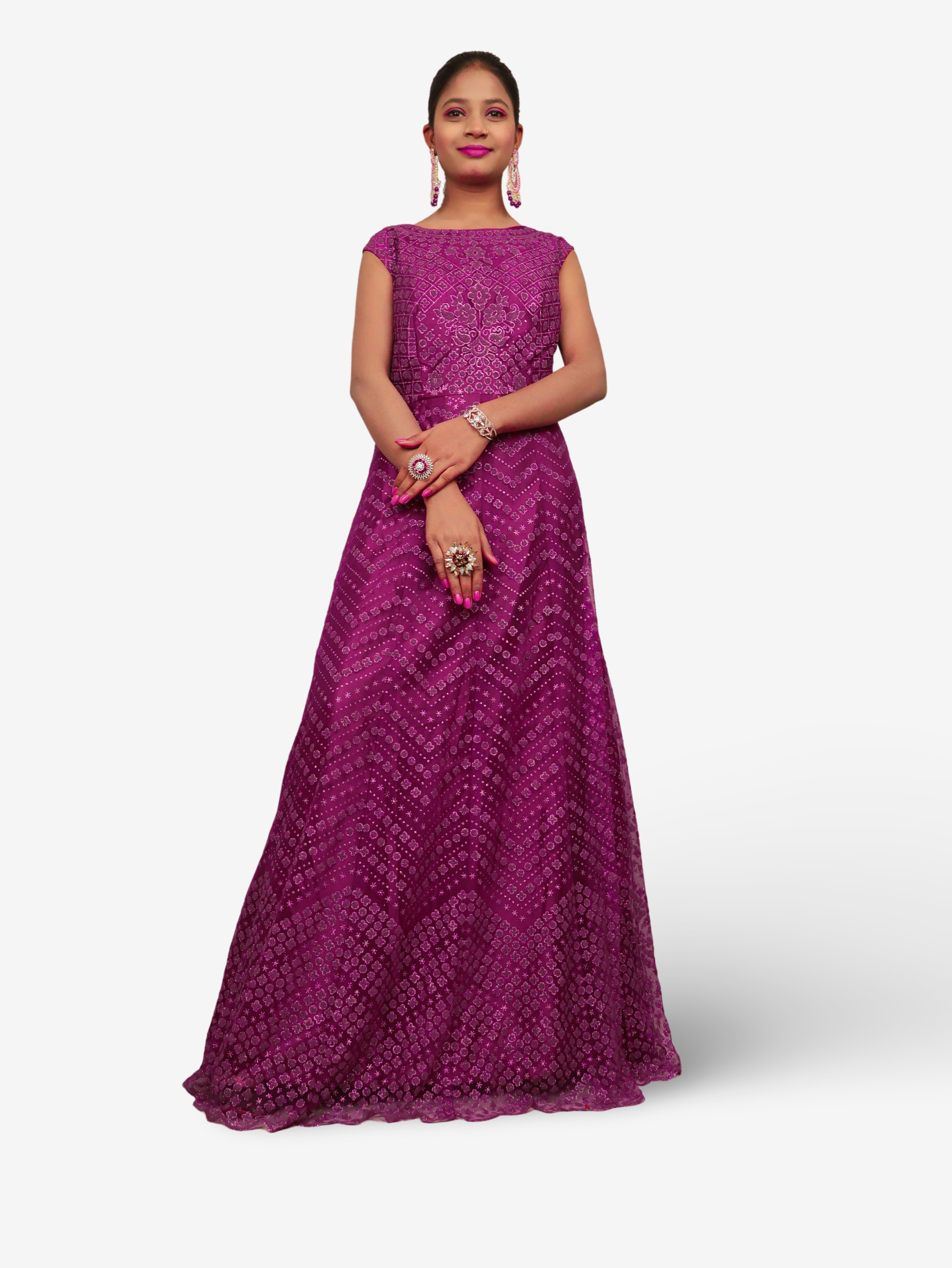 Gown with Glitter & Shimmery effect for Women by Shreekama Dark Purple Designer Gowns for Party Festival Wedding Occasion in Noida