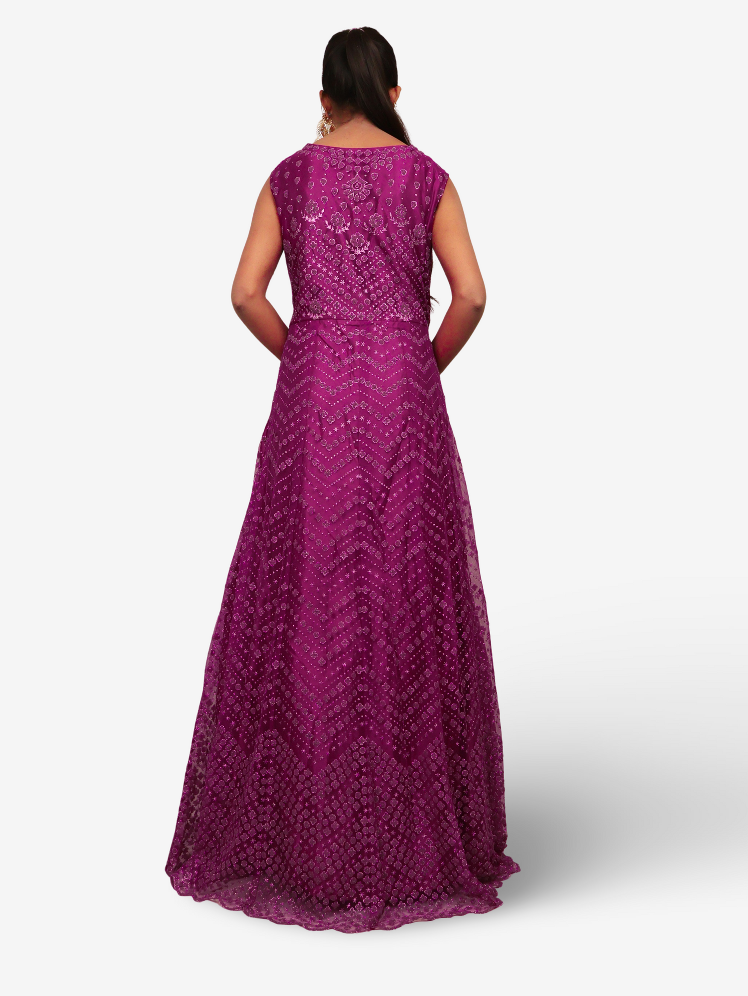 Gown with Glitter & Shimmery effect for Women by Shreekama Dark Purple Designer Gowns for Party Festival Wedding Occasion in Noida