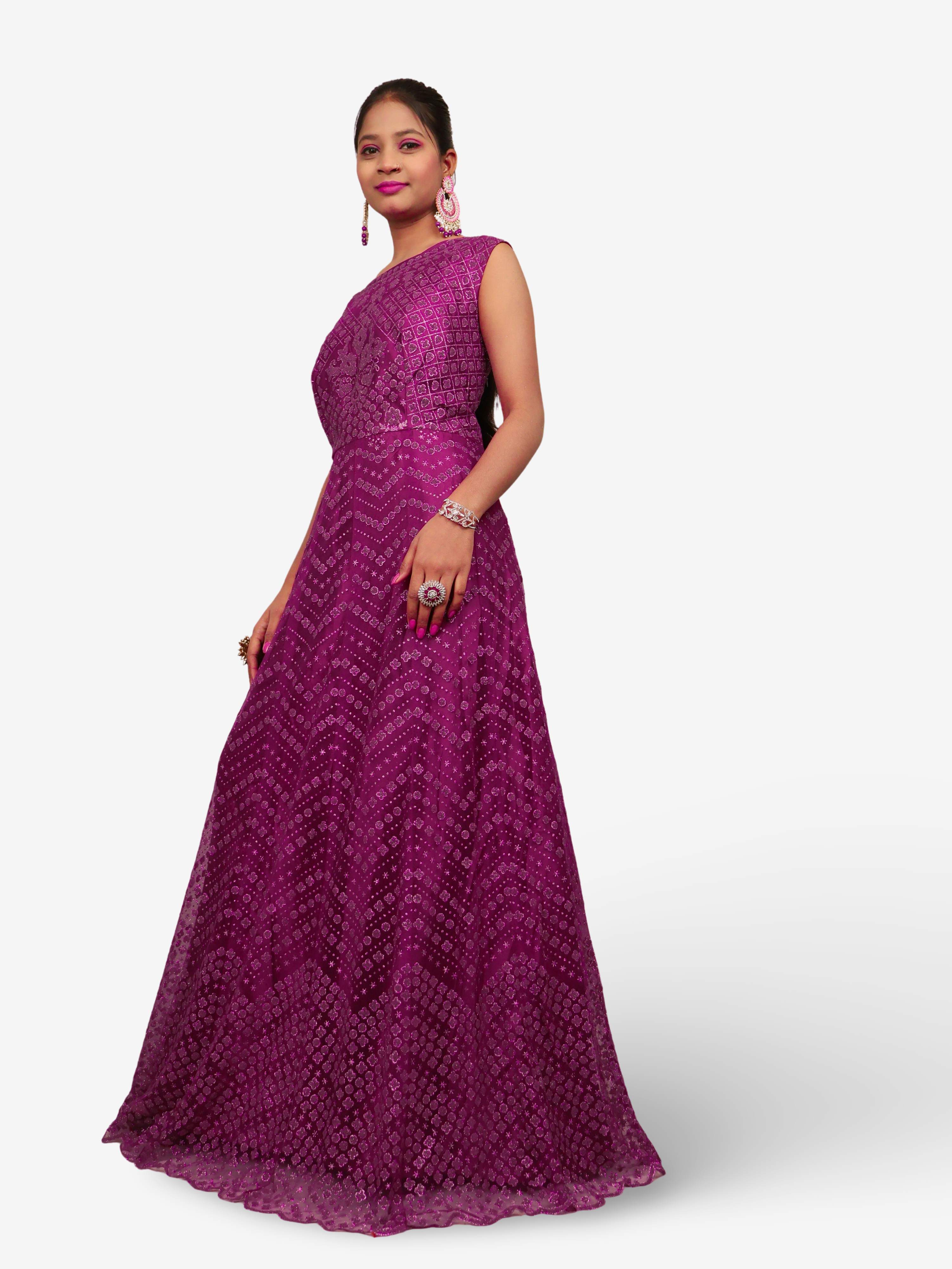 Gown with Glitter & Shimmery effect for Women by Shreekama Dark Purple Designer Gowns for Party Festival Wedding Occasion in Noida
