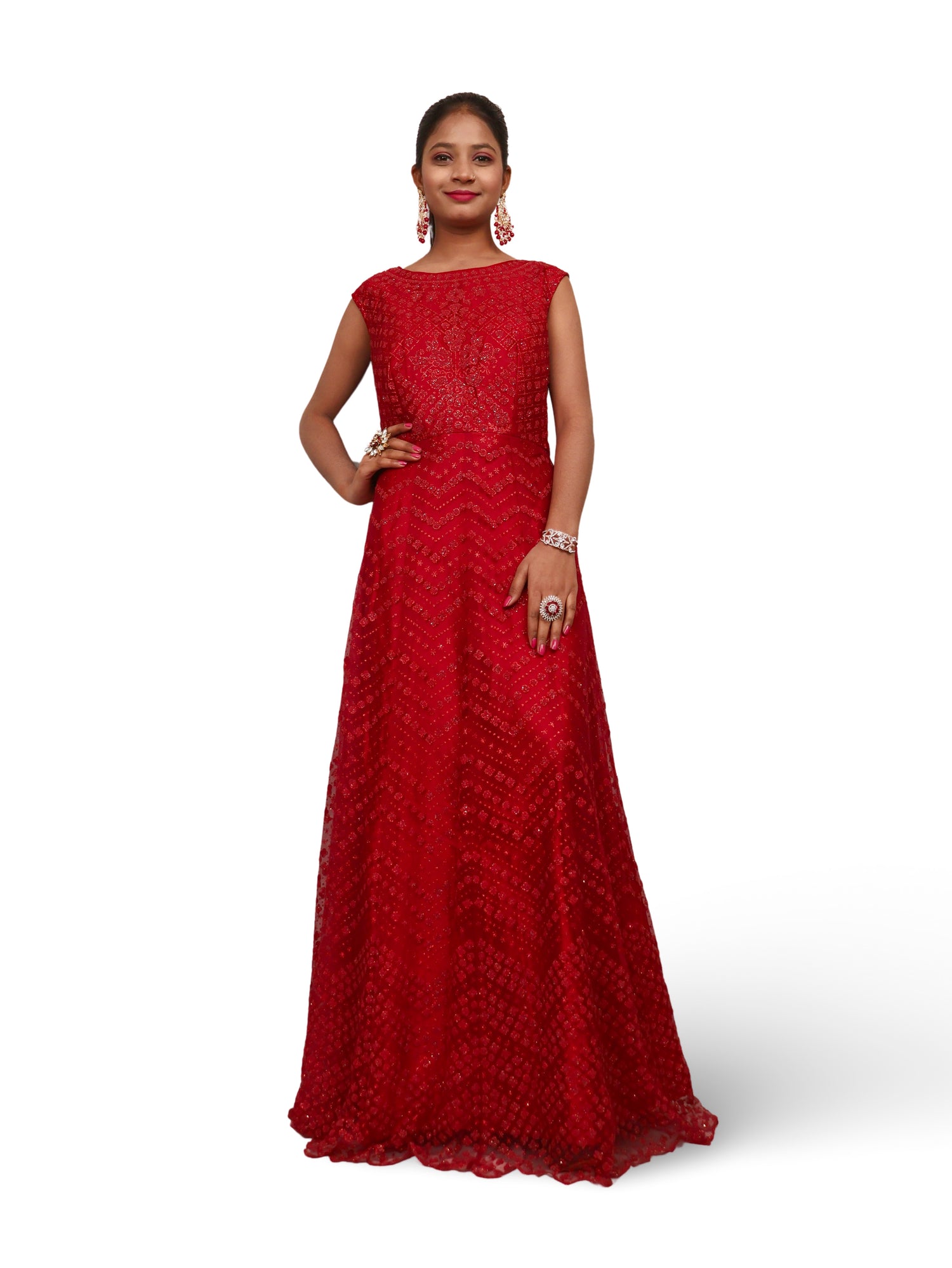 Gown with Glitter & Shimmery effect for Women by Shreekama Red Designer Gowns for Party Festival Wedding Occasion in Noida