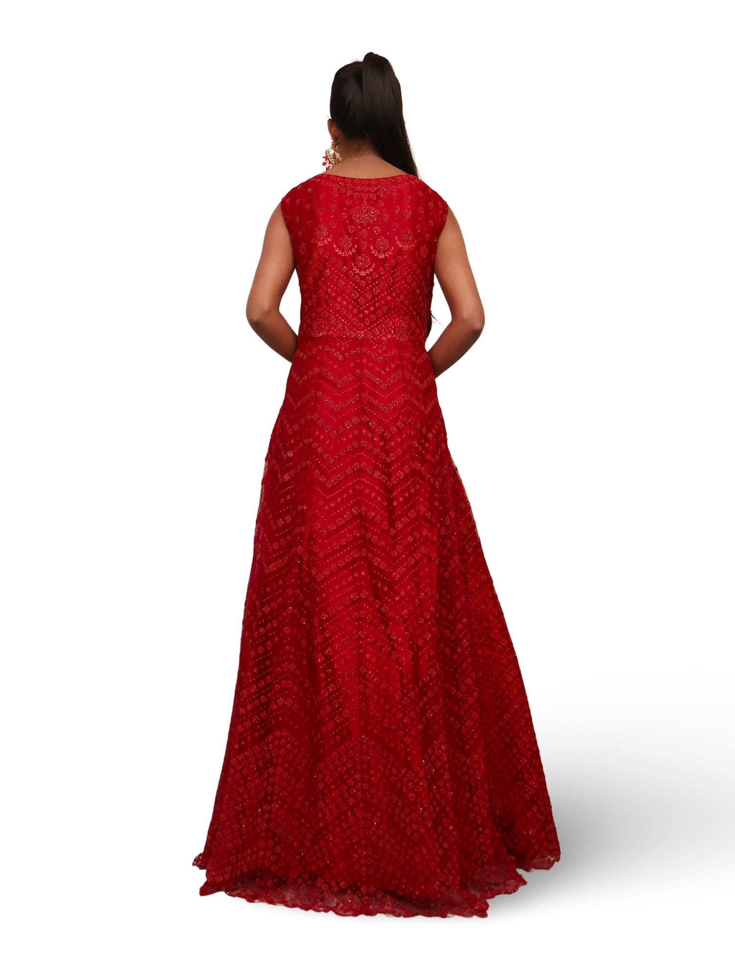 Gown with Glitter & Shimmery effect for Women by Shreekama Red Designer Gowns for Party Festival Wedding Occasion in Noida