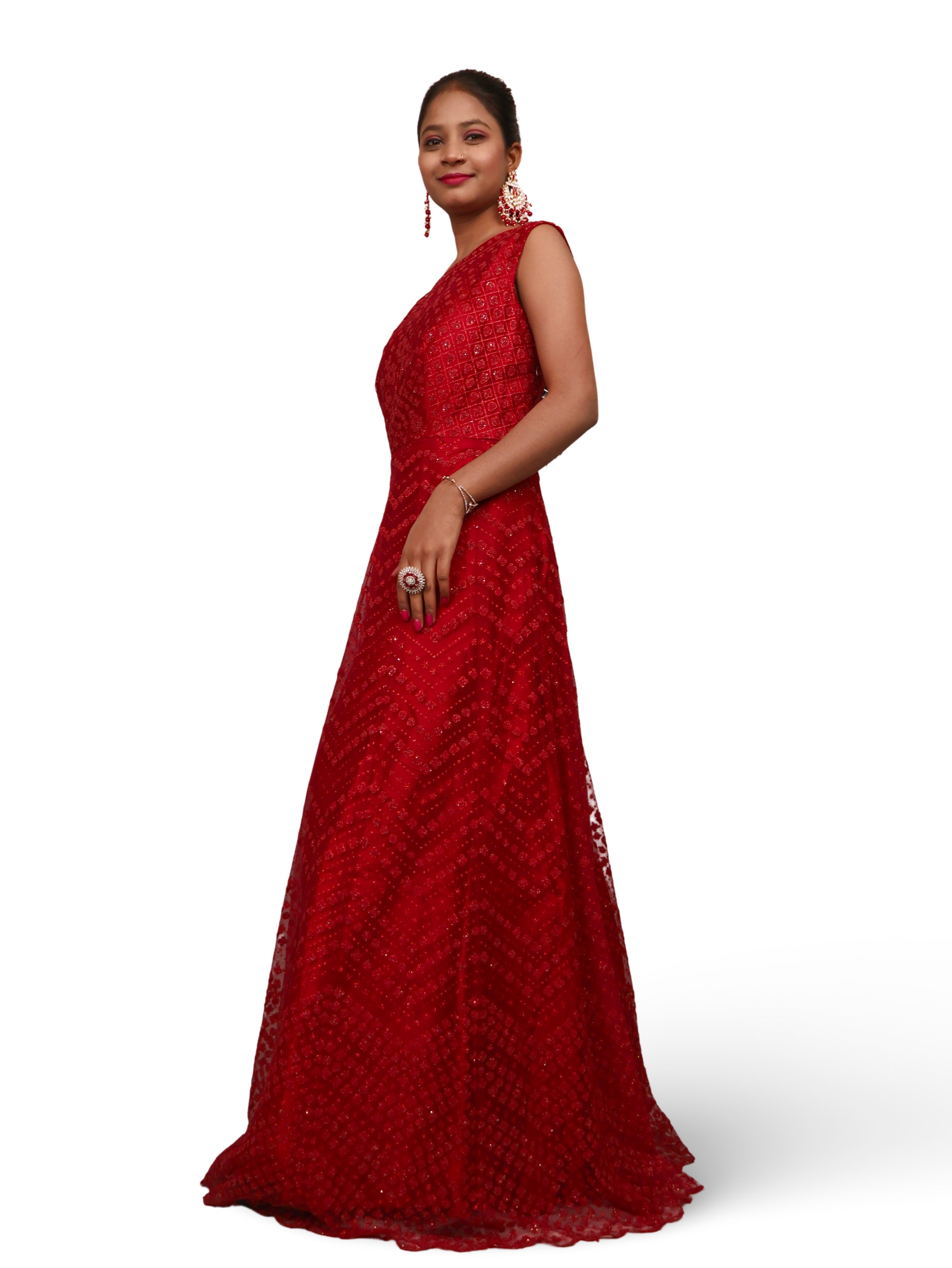 Gown with Glitter & Shimmery effect for Women by Shreekama Red Designer Gowns for Party Festival Wedding Occasion in Noida