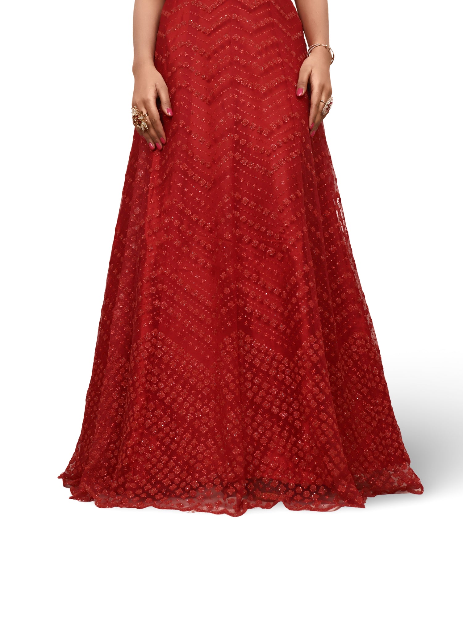 Gown with Glitter & Shimmery effect for Women by Shreekama Red Designer Gowns for Party Festival Wedding Occasion in Noida