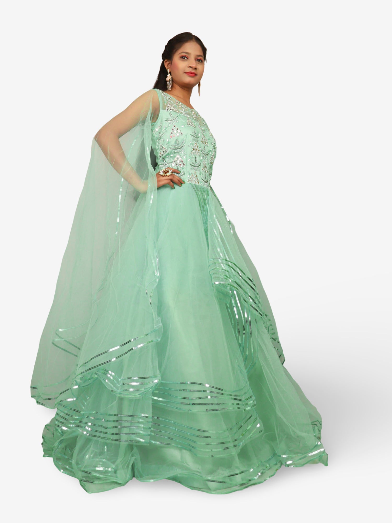 Gown with Cut Dana & Beads by Shreekama Pista Green Designer Gowns for Party Festival Wedding Occasion in Noida