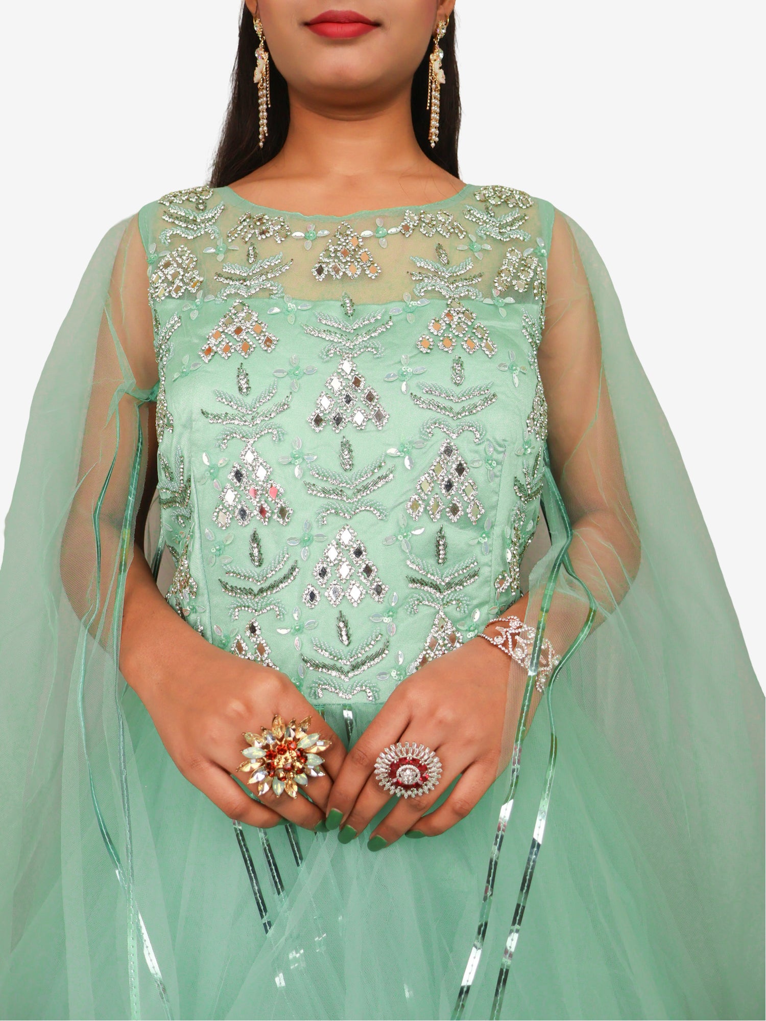Gown with Cut Dana & Beads by Shreekama Pista Green Designer Gowns for Party Festival Wedding Occasion in Noida