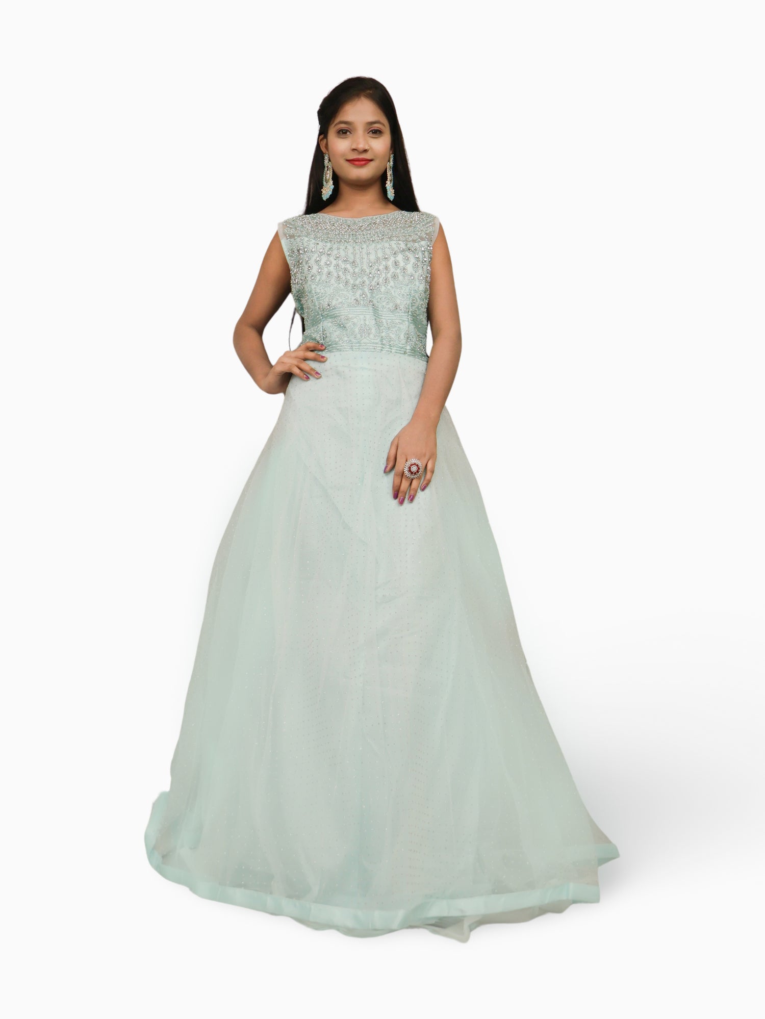 Gown with Embroidery & Glitter Work by Shreekama Sky Blue Designer Gowns for Party Festival Wedding Occasion in Noida