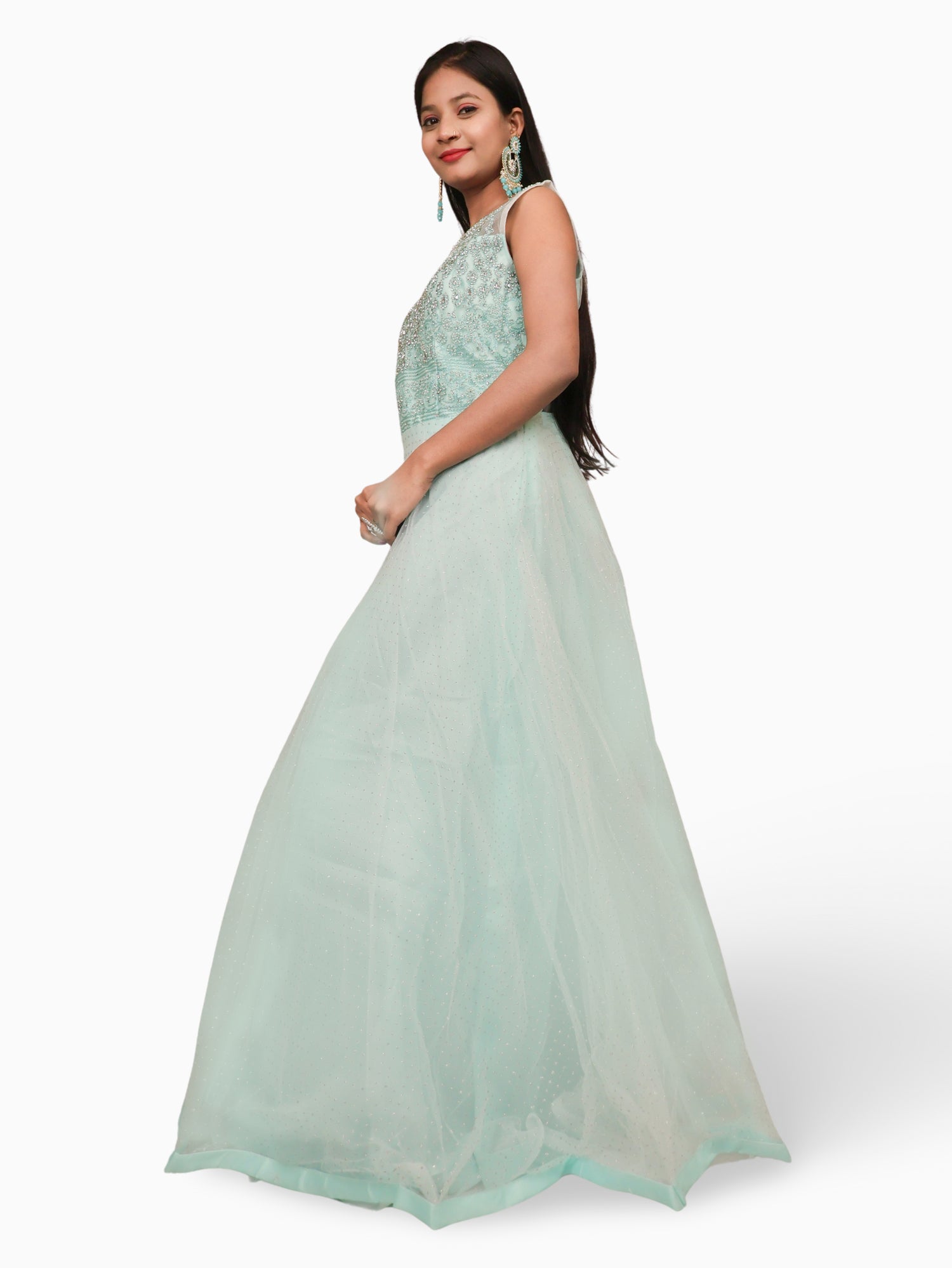 Gown with Embroidery & Glitter Work by Shreekama Sky Blue Designer Gowns for Party Festival Wedding Occasion in Noida