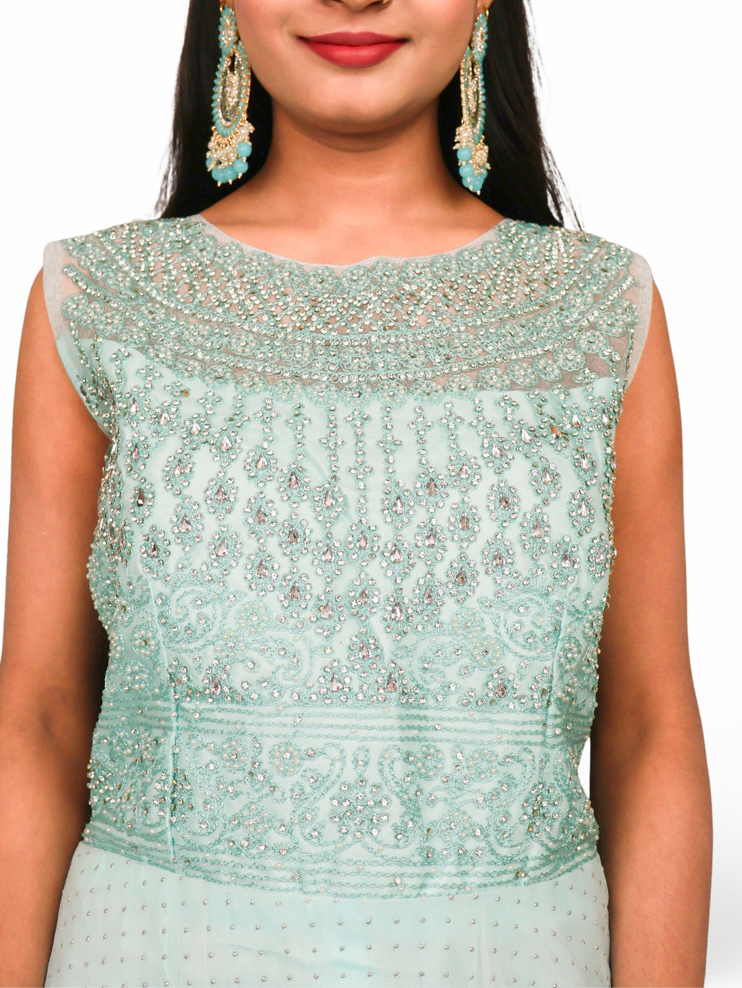 Gown with Embroidery & Glitter Work by Shreekama Sky Blue Designer Gowns for Party Festival Wedding Occasion in Noida