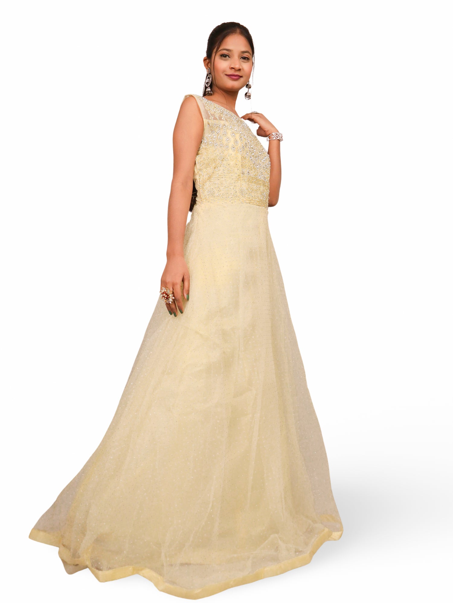 Gown with Embroidery & Glitter Work by Shreekama Lemon Designer Gowns for Party Festival Wedding Occasion in Noida