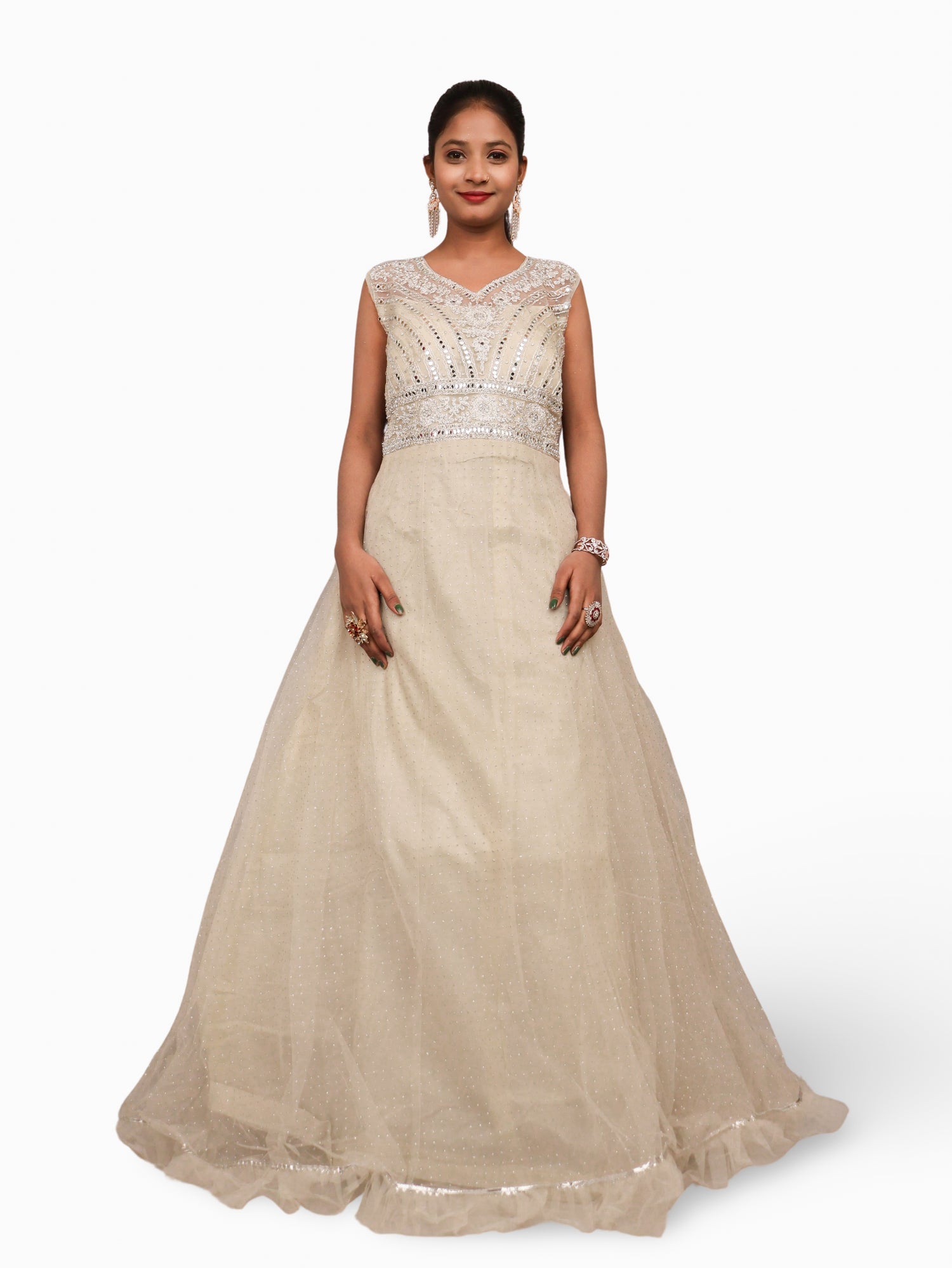 Gown with Embroidery & Glitter Work by Shreekama Off White Designer Gowns for Party Festival Wedding Occasion in Noida