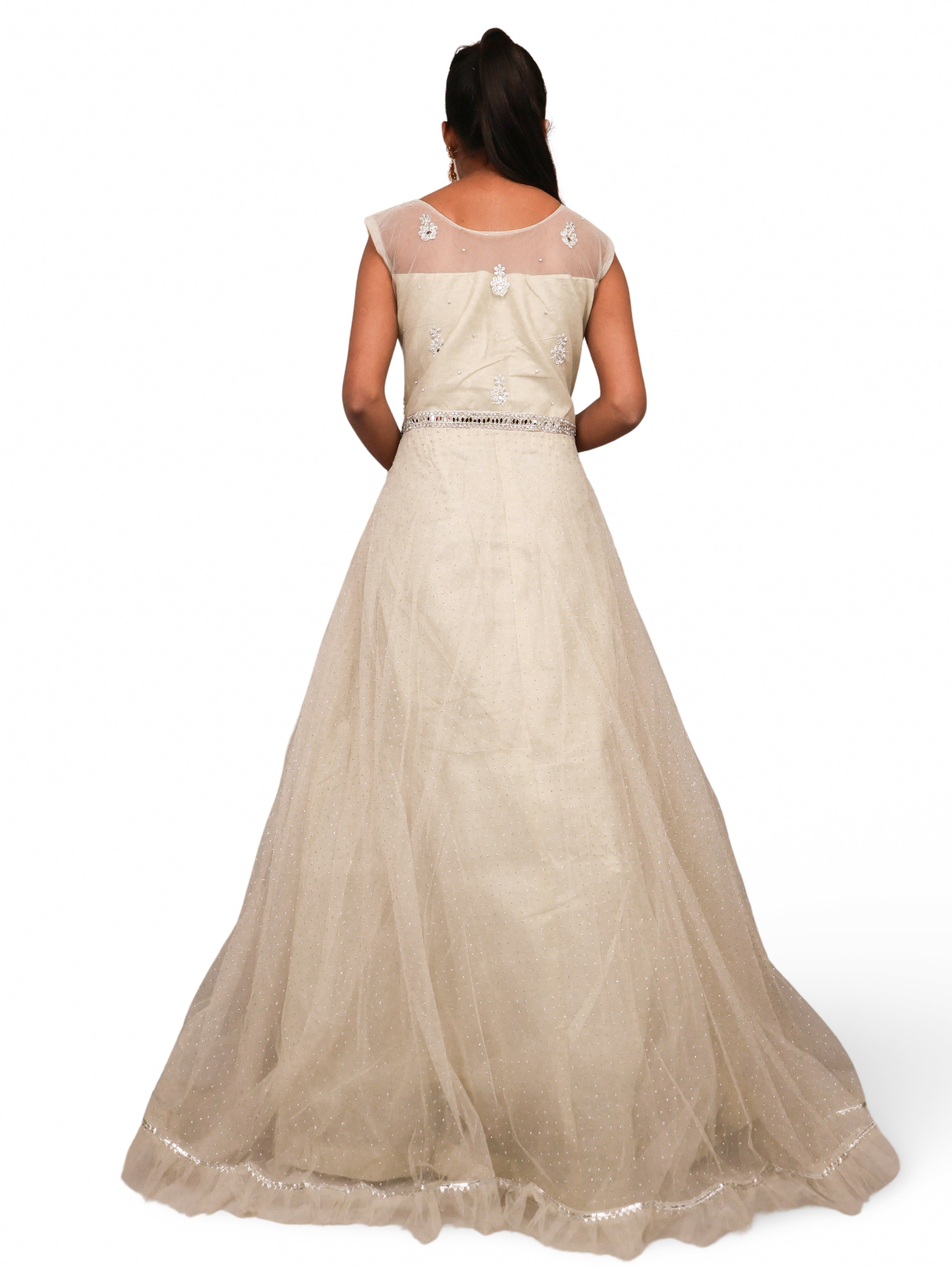 Gown with Embroidery & Glitter Work by Shreekama Off White Designer Gowns for Party Festival Wedding Occasion in Noida