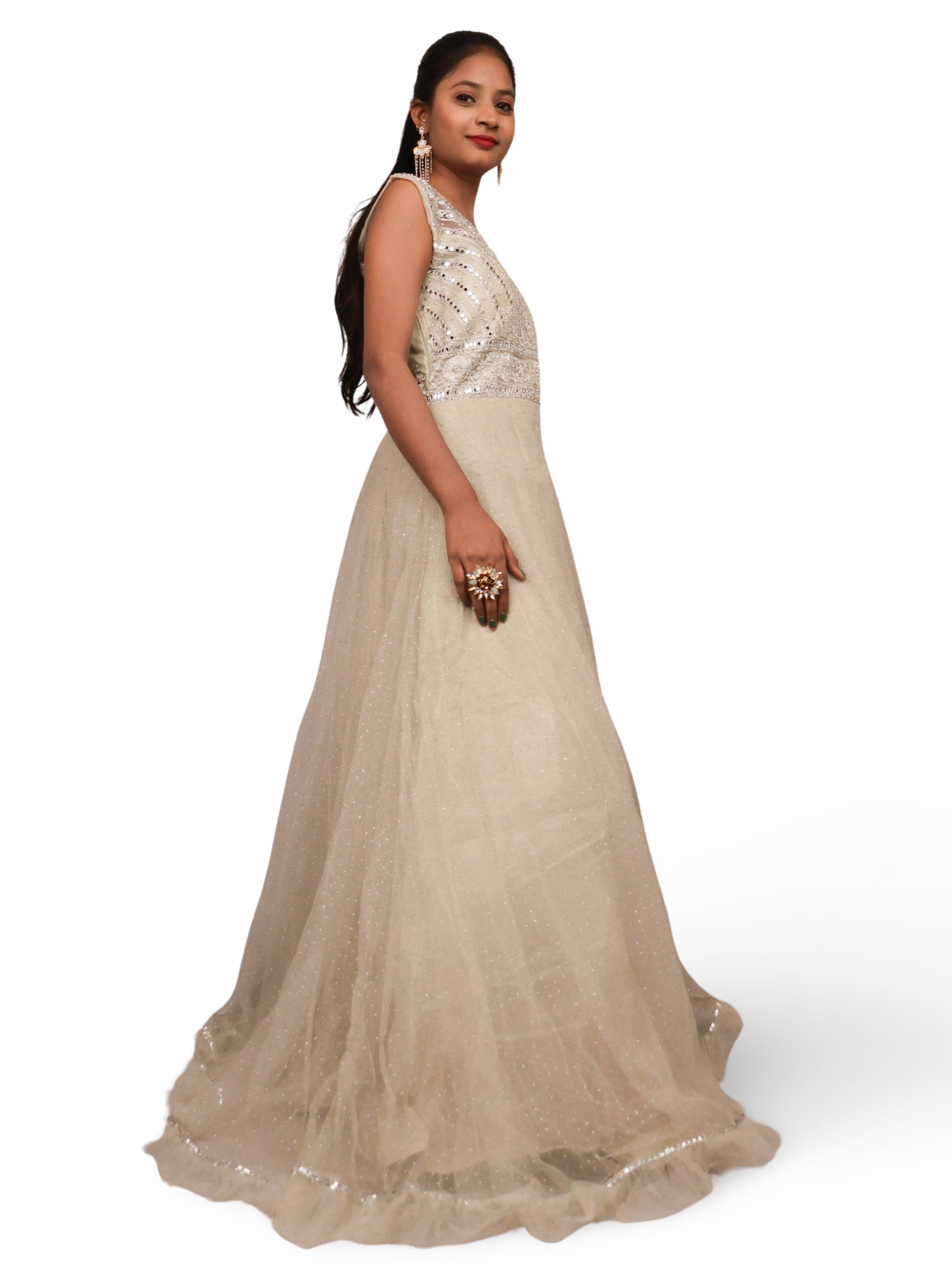 Gown with Embroidery & Glitter Work by Shreekama Off White Designer Gowns for Party Festival Wedding Occasion in Noida